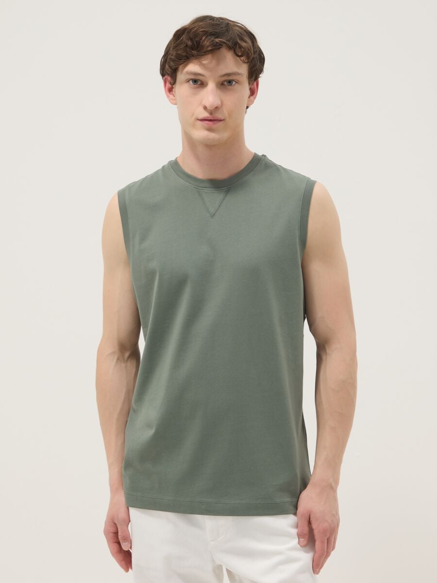 Green crew-neck pure cotton vest, relaxed fit_1