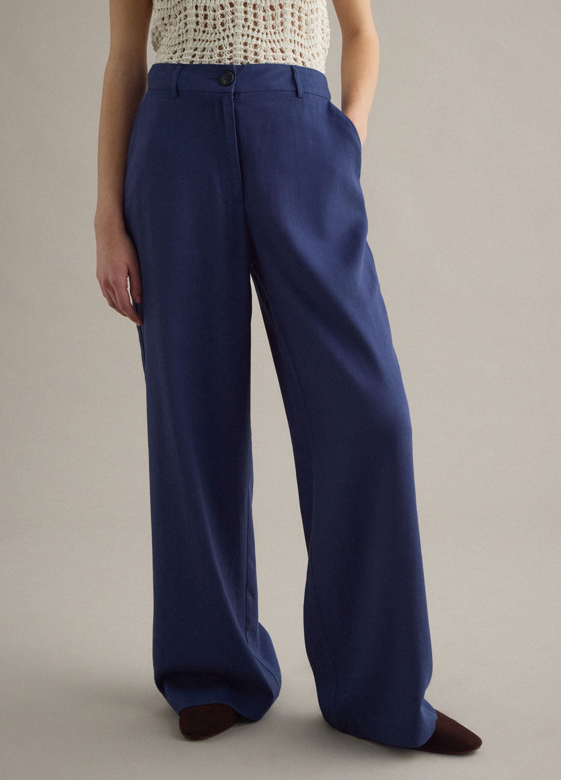Straight blue regular fit viscose and linen blend chino trousers