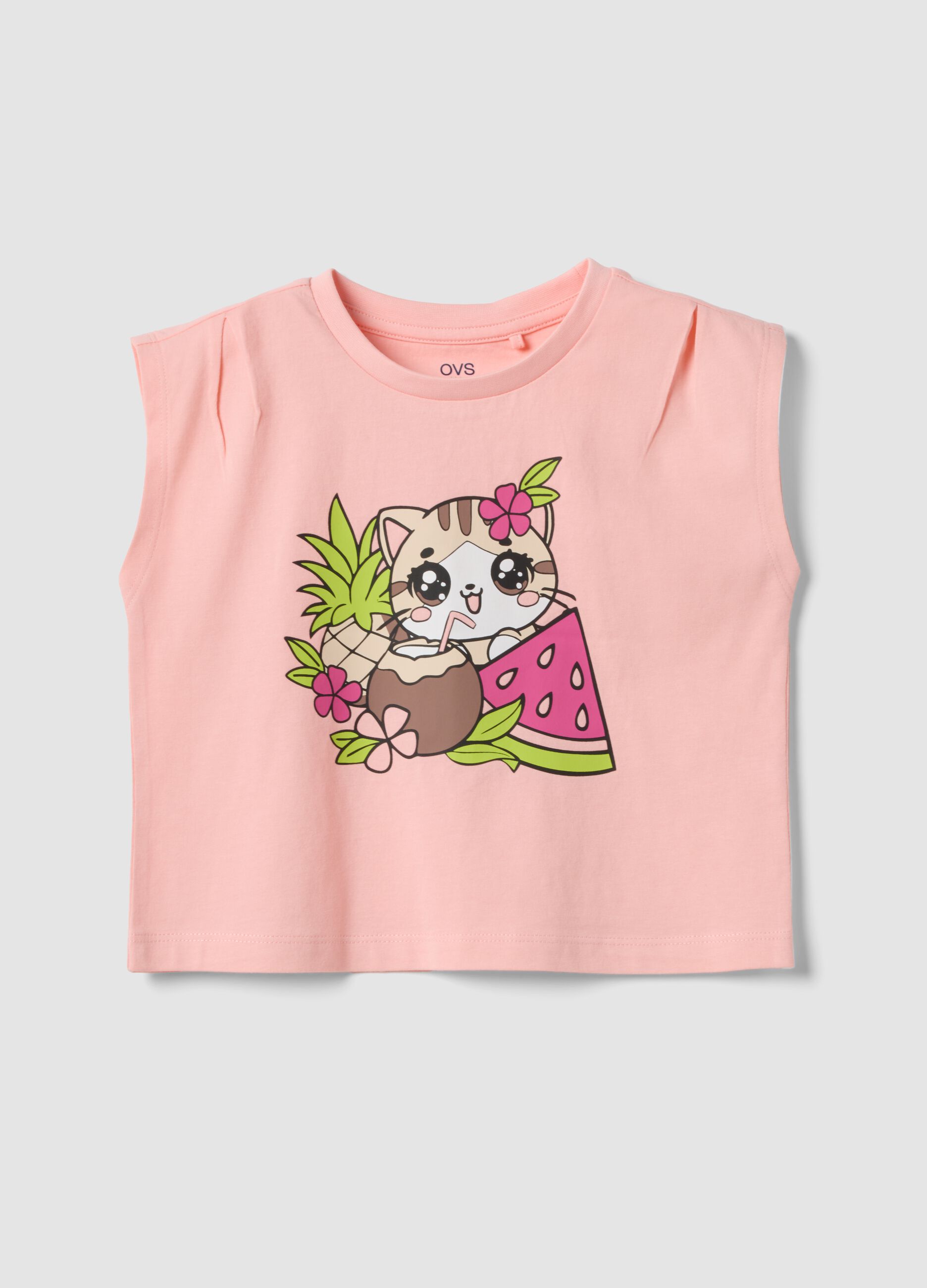 Pink organic cotton printed tank top for girls, regular fit