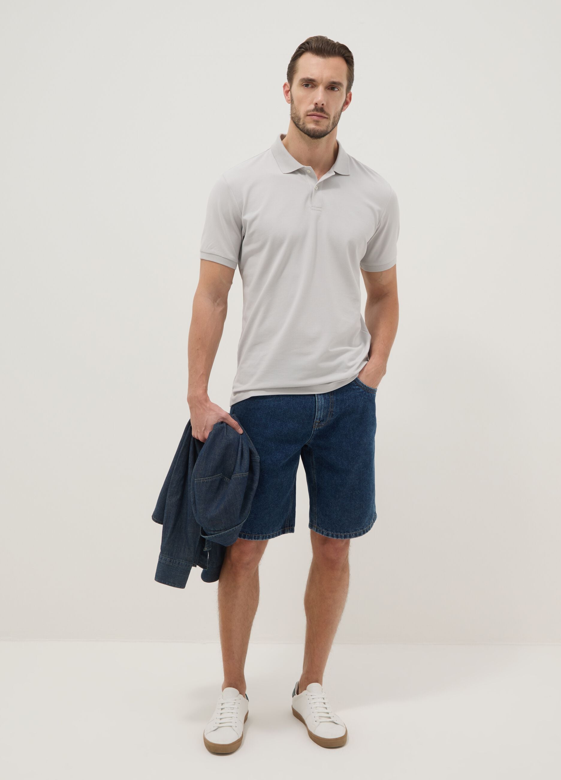 Grey stretchy cotton blend polo regular fit