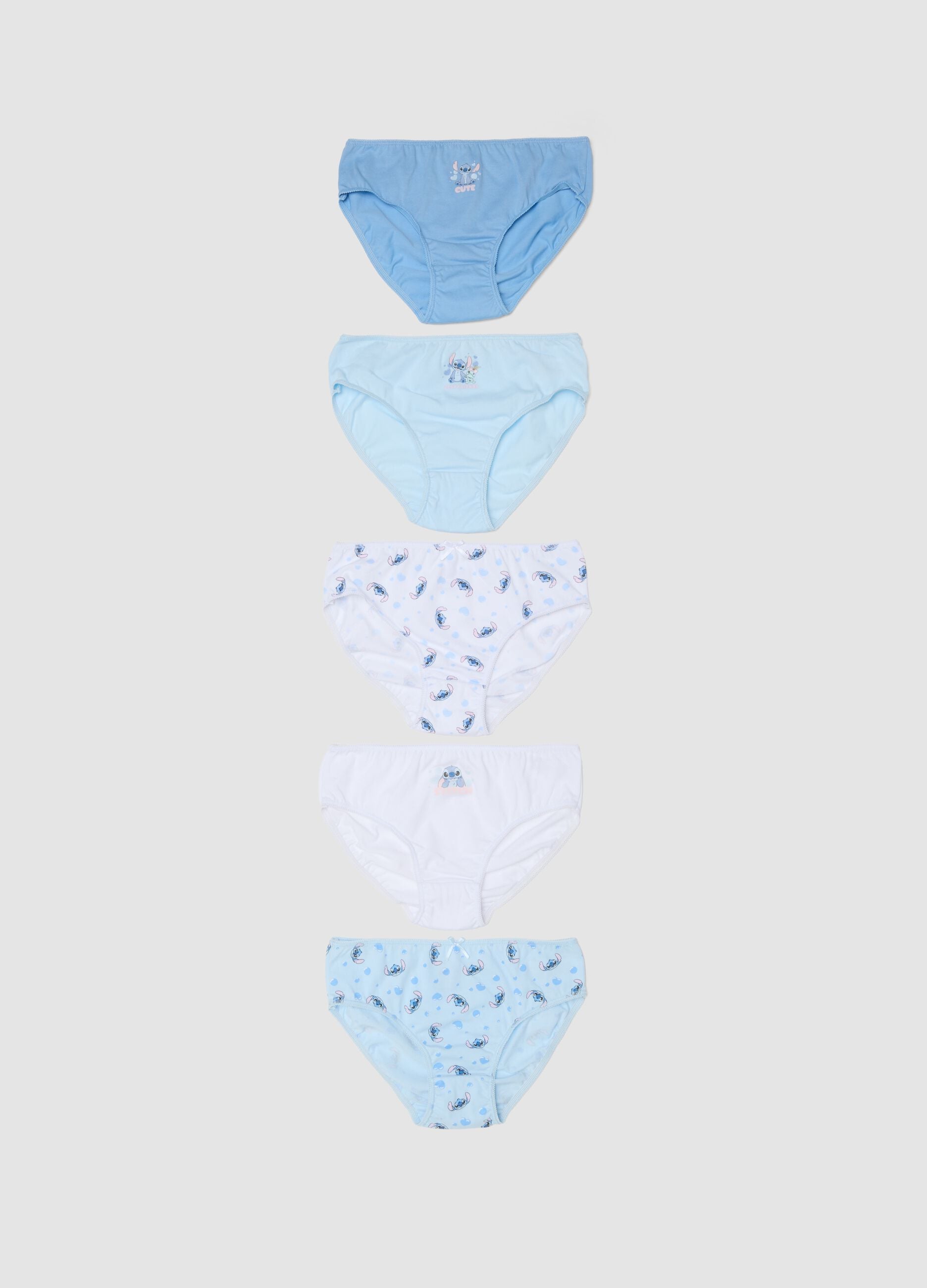 Multipack di cinque slip azzurre in cotone organico con personaggio Lilo e Stitch