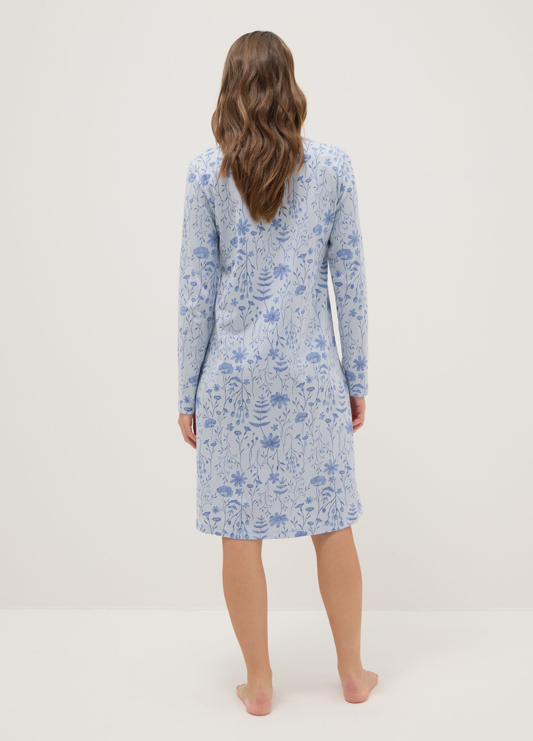 Blue pure cotton nightdress with serafino neckline