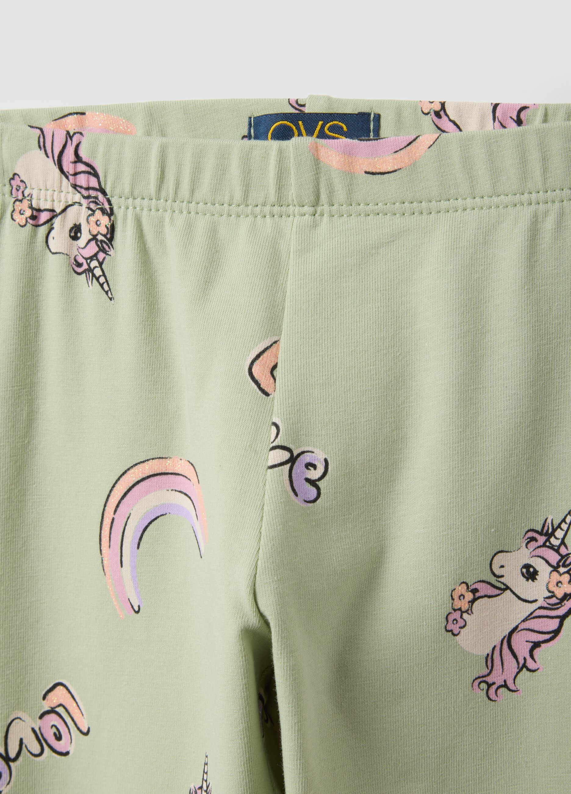 Girls' Green Stretch Cotton Leggings with Prints, Skinny Fit