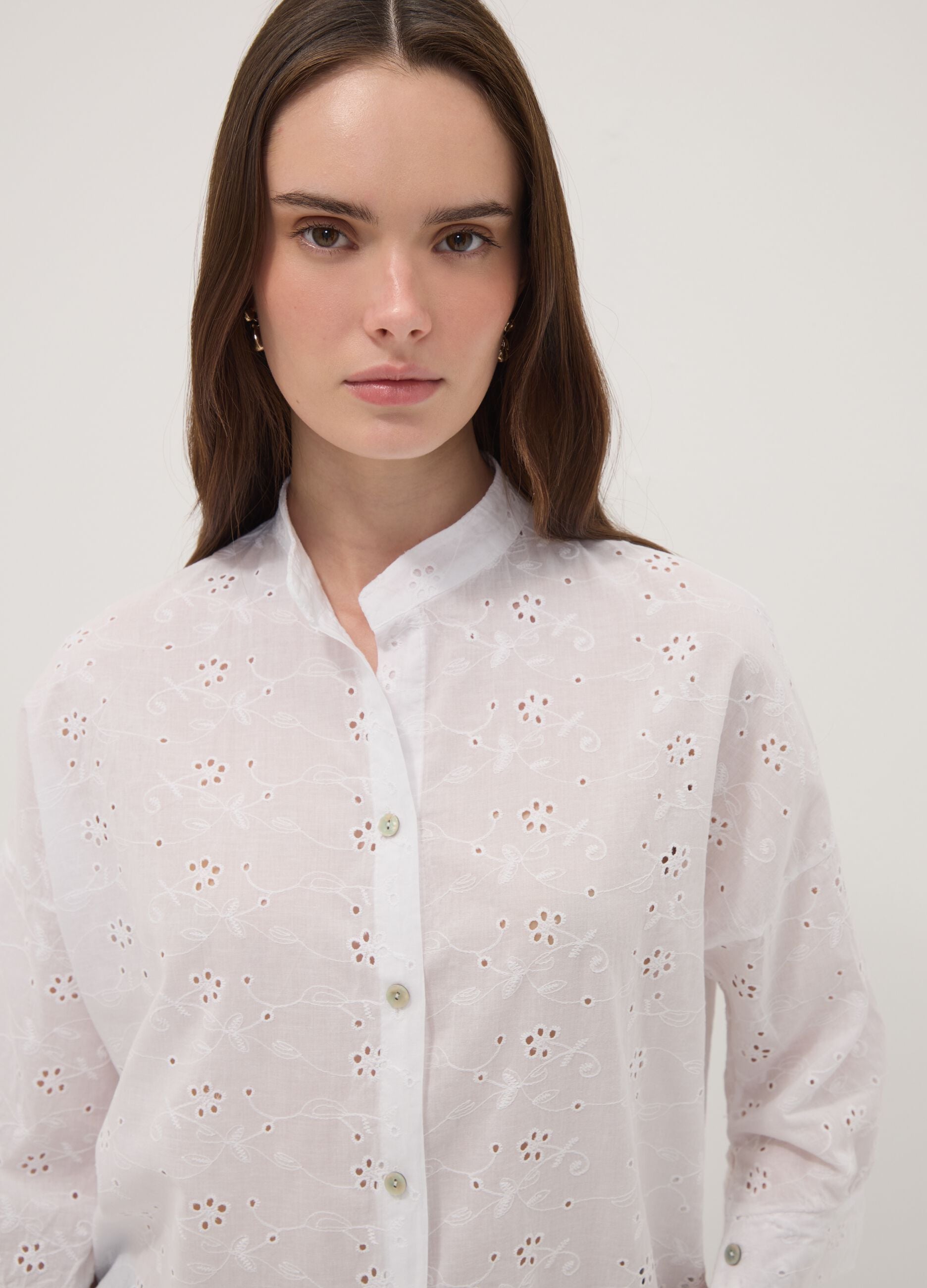 White broderie anglaise pure cotton shirt with Mandarin collar, regular fit
