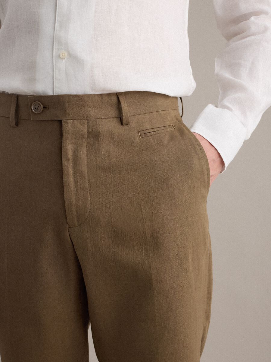 Pantaloni in puro lino marrone regular fit_4