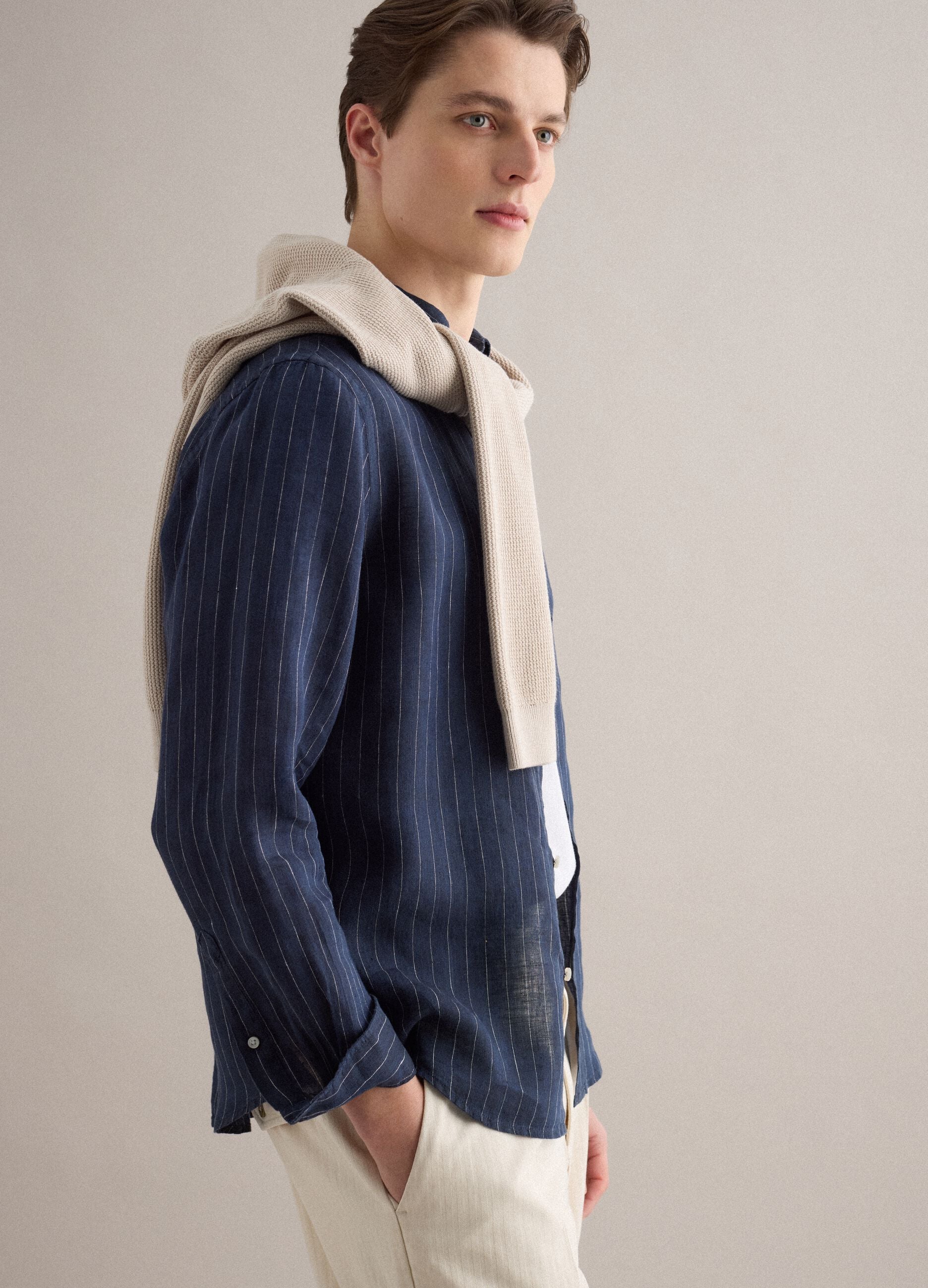 Blue stripe regular fit pure linen shirt
