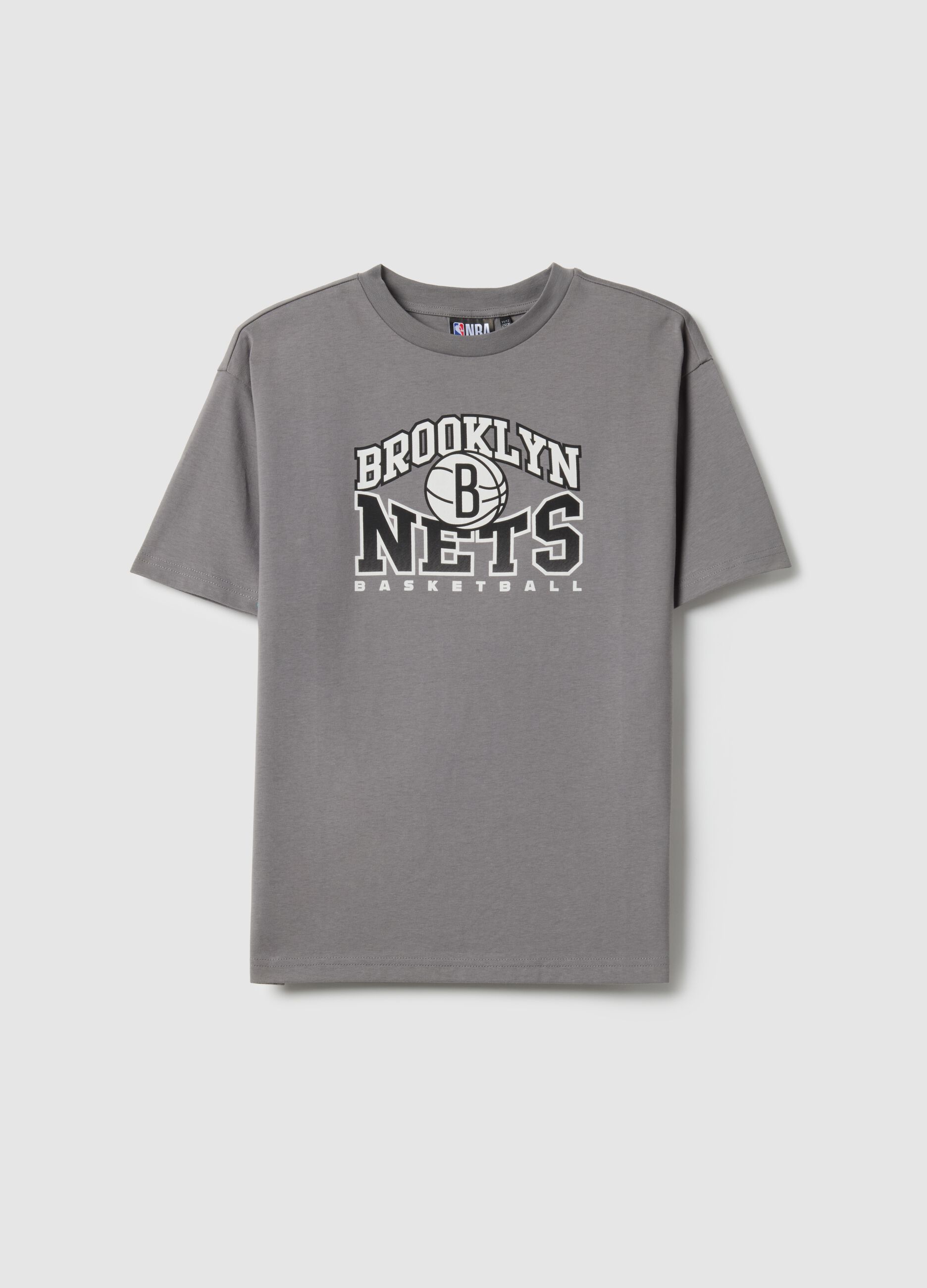 Grey over-fit pure cotton children's t-shirt with Brooklyn Nets logo