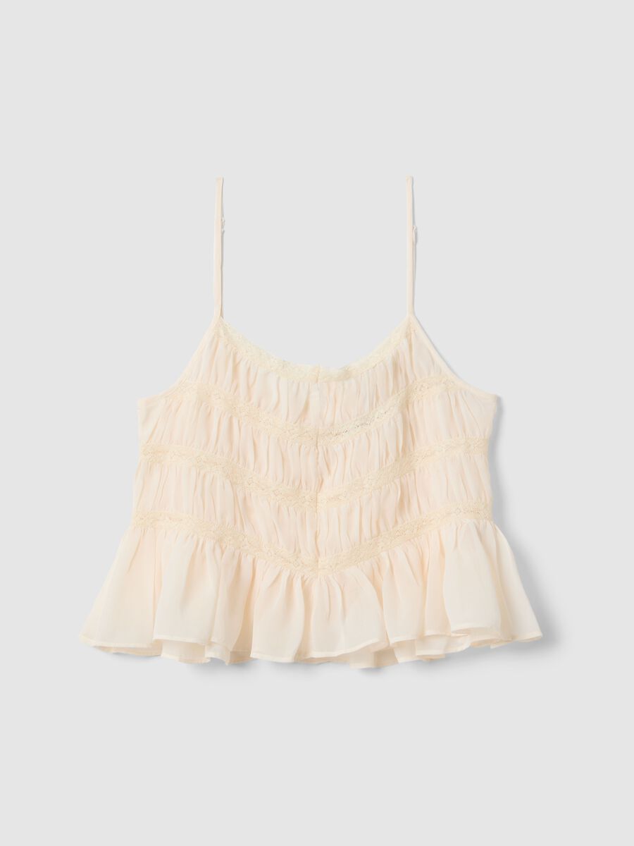 Sleeveless top with ruffled shirring and crochet lace inserts_5