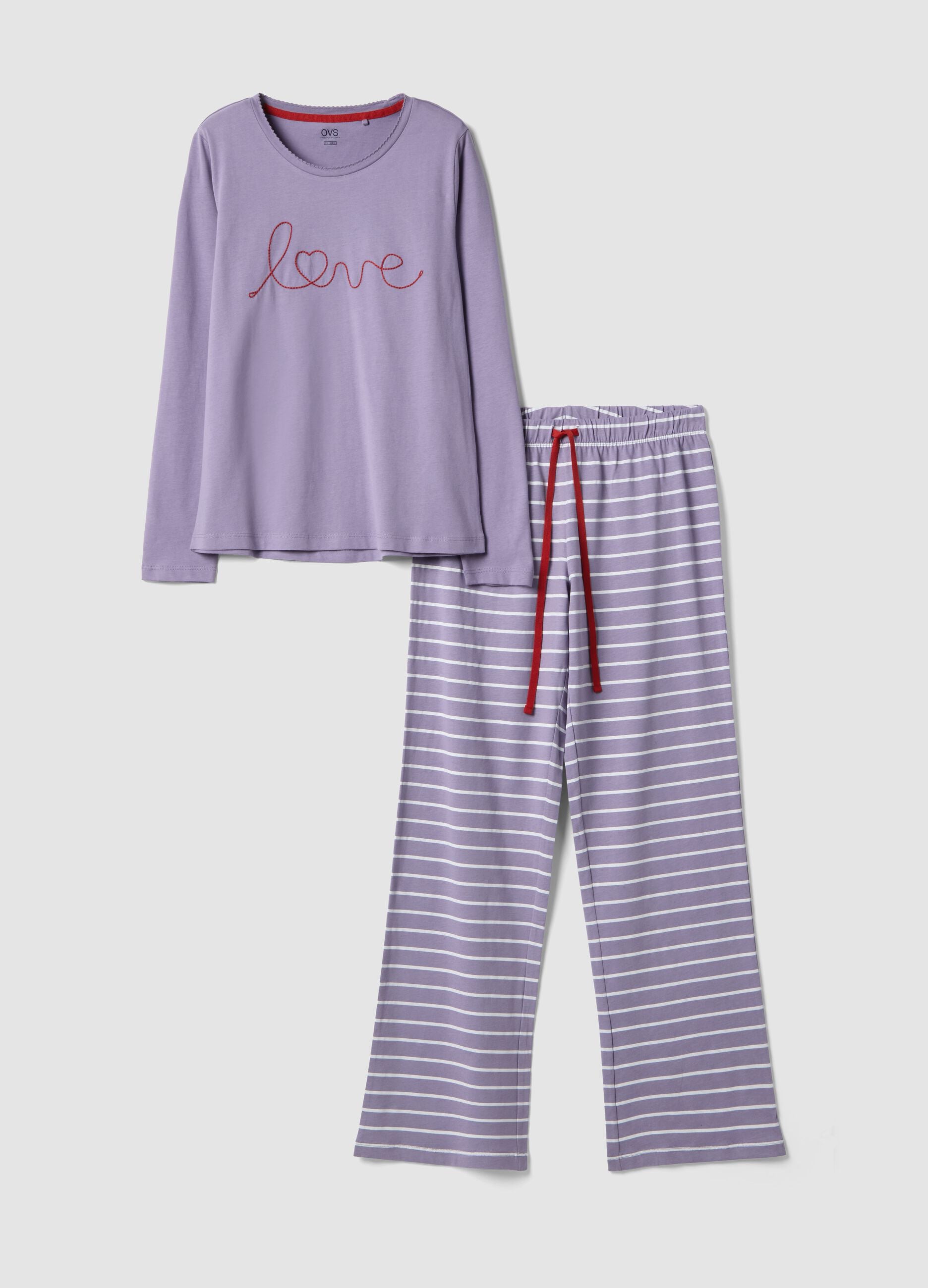 Purple striped pure cotton pyjamas with regular fit and embroidery