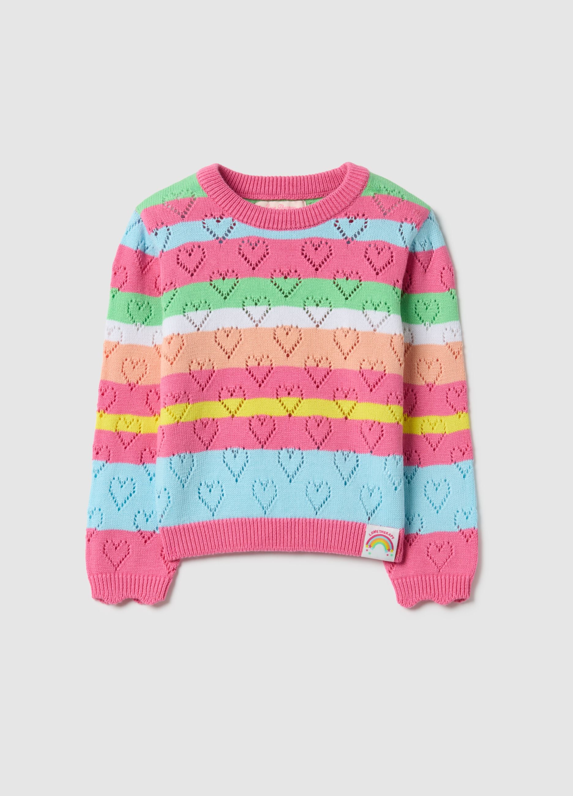 Girl's regular fit pure cotton jumper with multicolour stripes and hearts