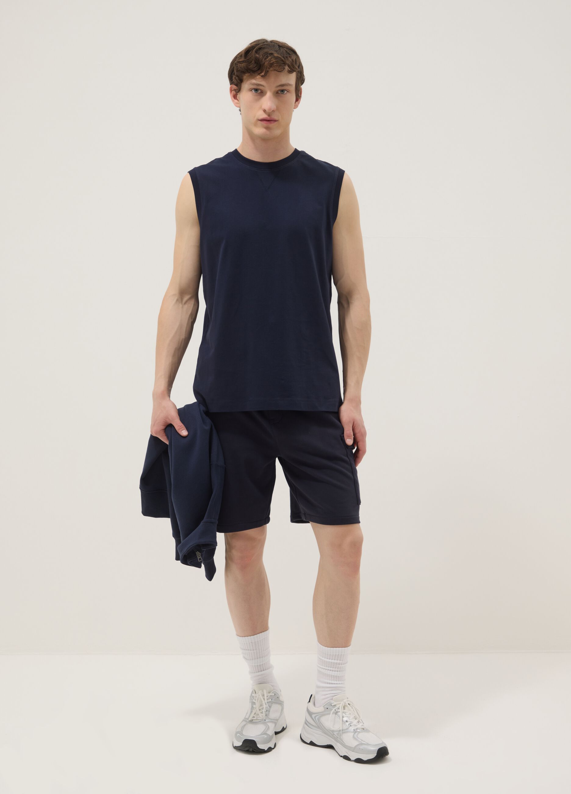 Blue crew-neck cotton vest in relaxed fit