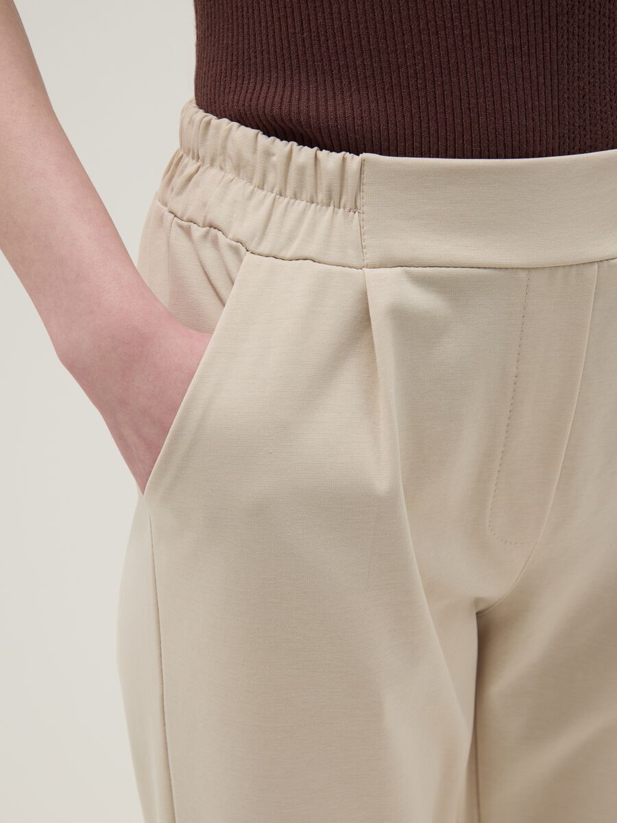 Beige Stretch Cotton Blend Regular Fit Trousers_4