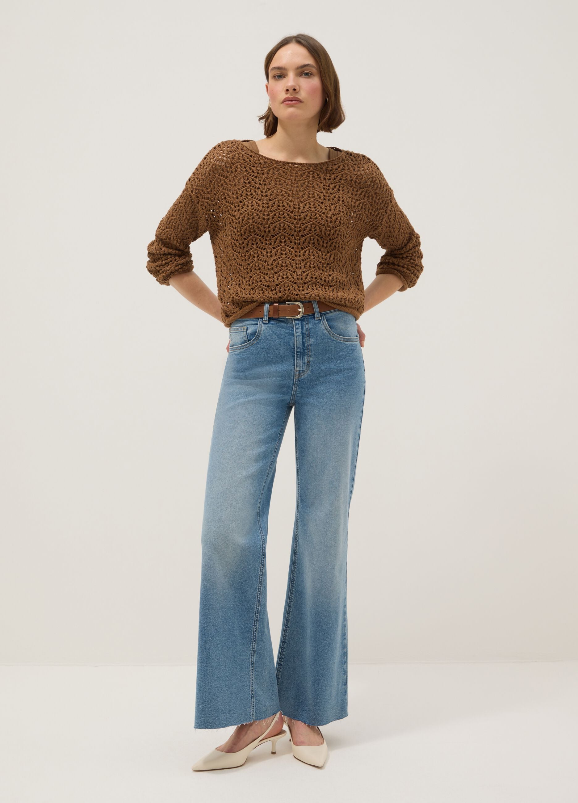 Brown pure cotton jumper with regular fit and perforated design