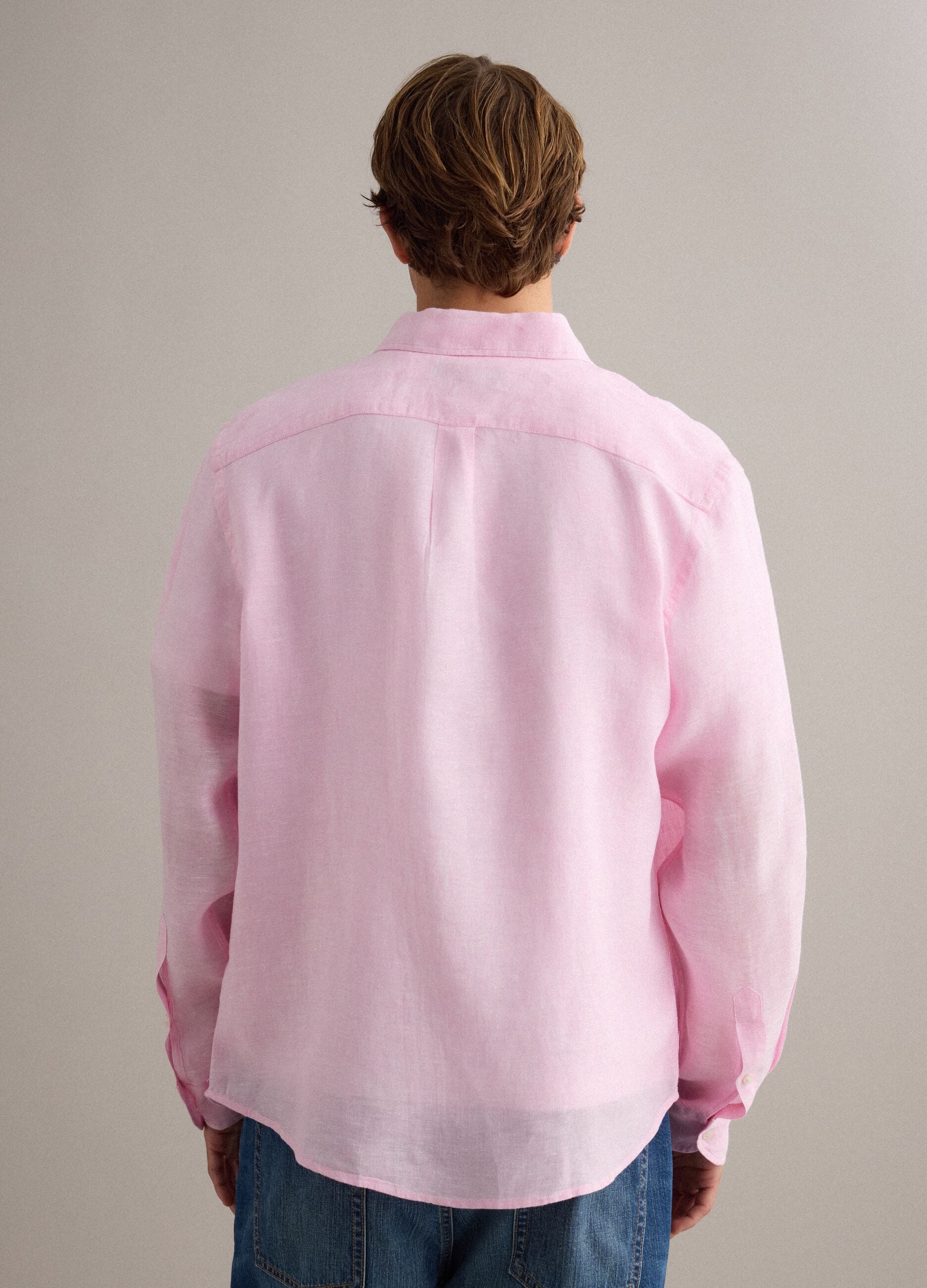 Pink pure linen shirt with button-down collar, regular fit