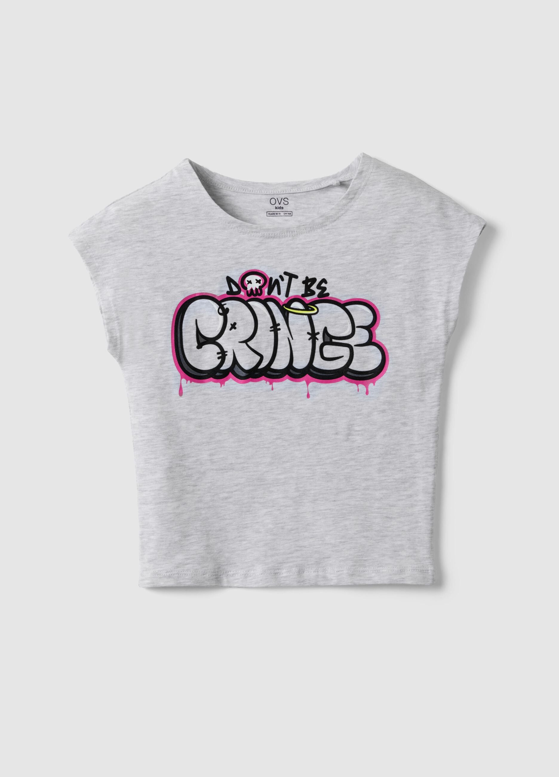 Grey stretchy cotton slim fit girl's T-shirt with print
