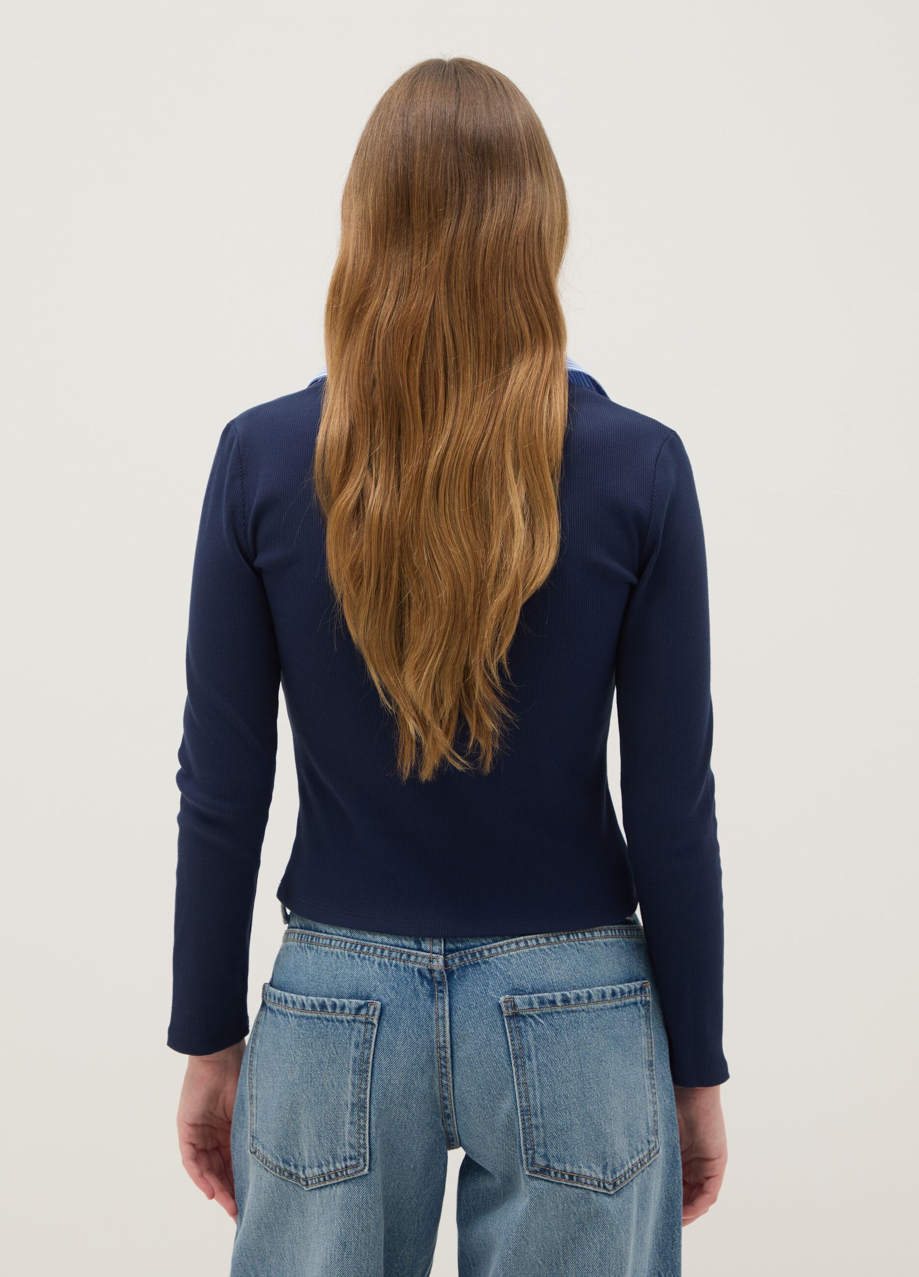 Blue stretch cotton regular fit T-shirt with contrast collar