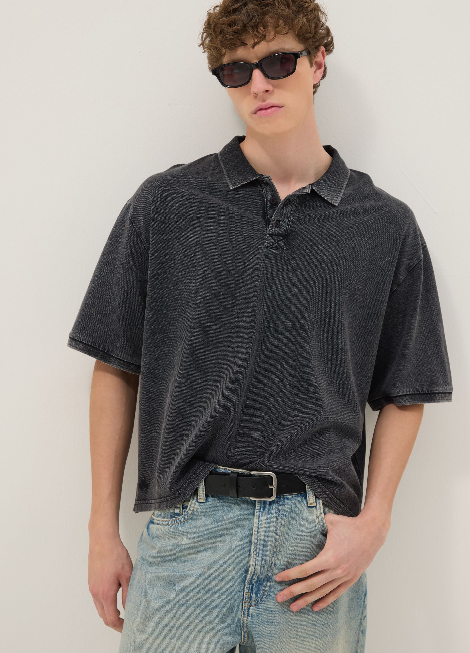 Polo a maniche corte in puro cotone nero regular fit