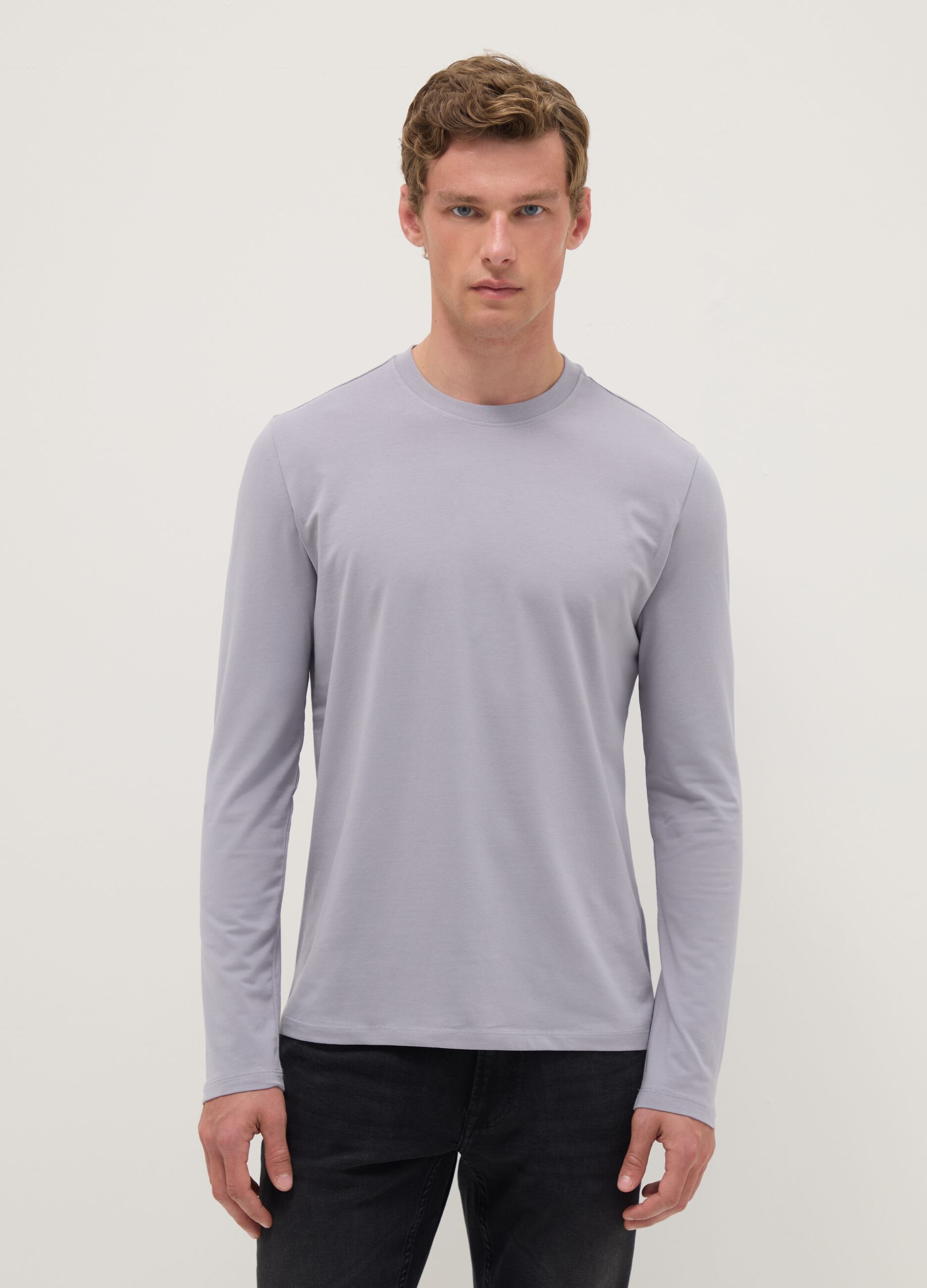 Grey long sleeve stretch cotton regular fit T-shirt