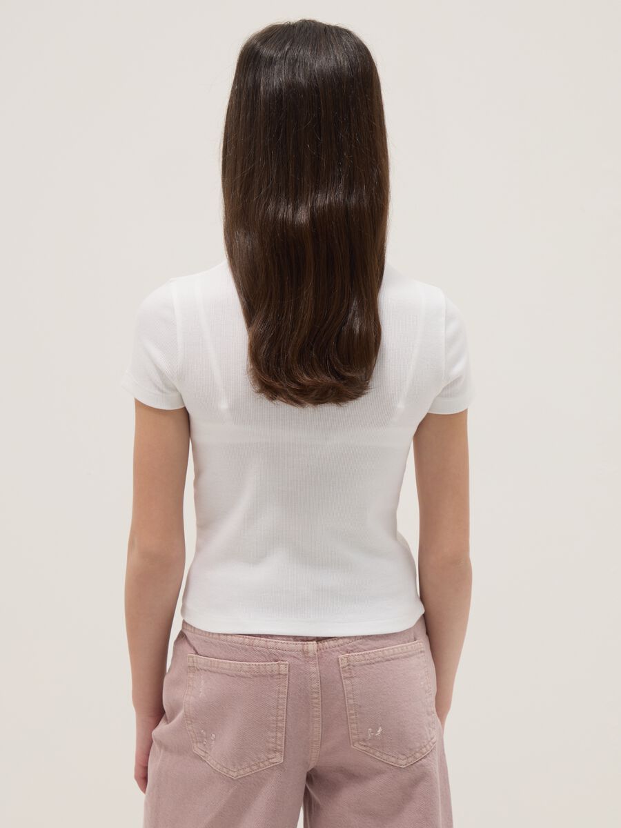 Girl's white fitted stretch cotton t-shirt with slogan_1