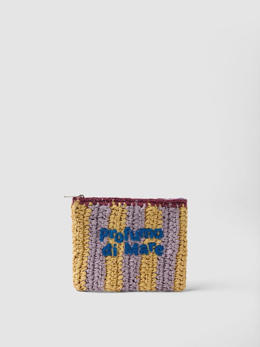 Pochette multicolor in puro tessuto carta intrecciata con scritta_0
