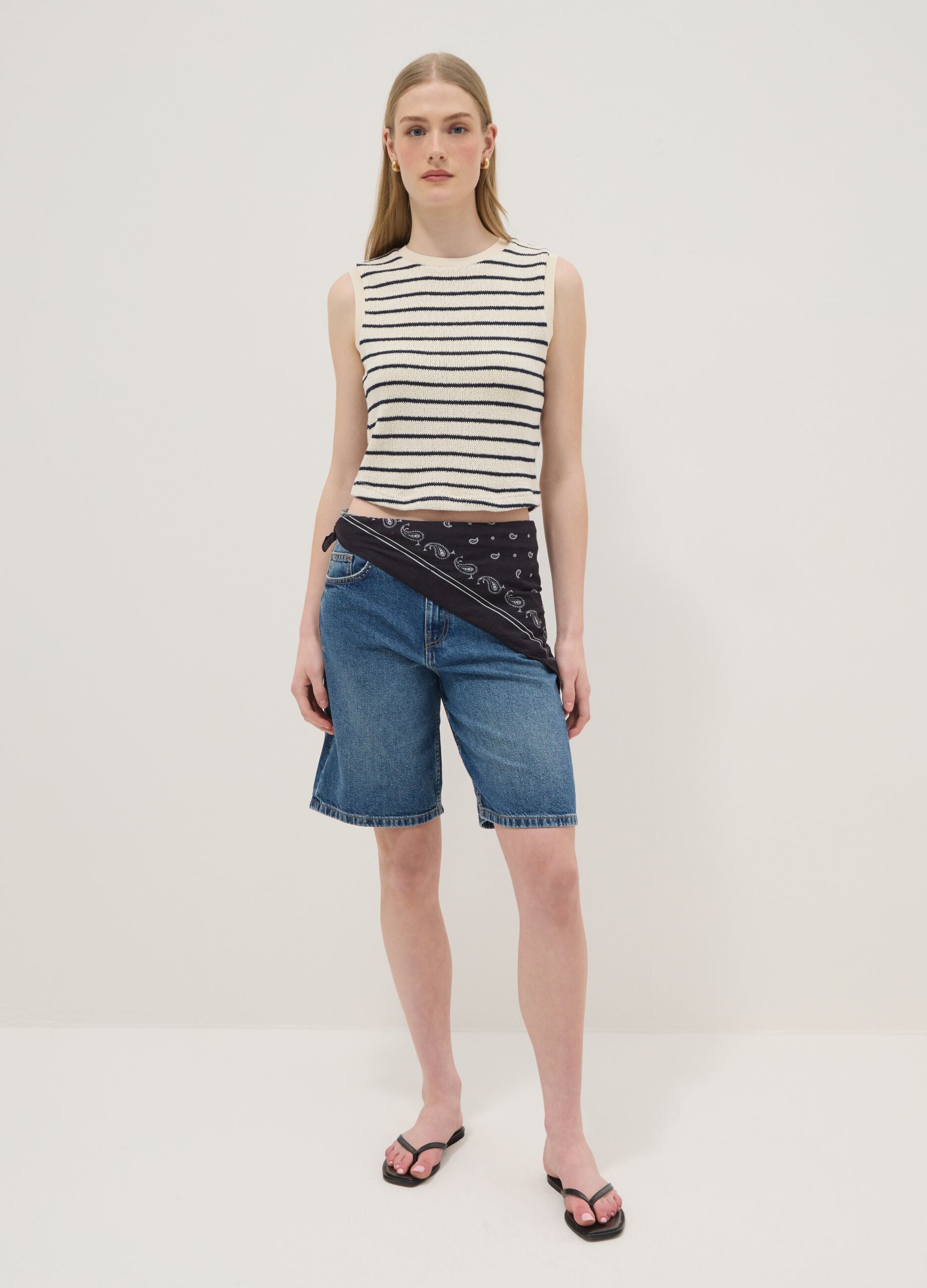 Regular-fit striped cotton-blend gilet in black and white