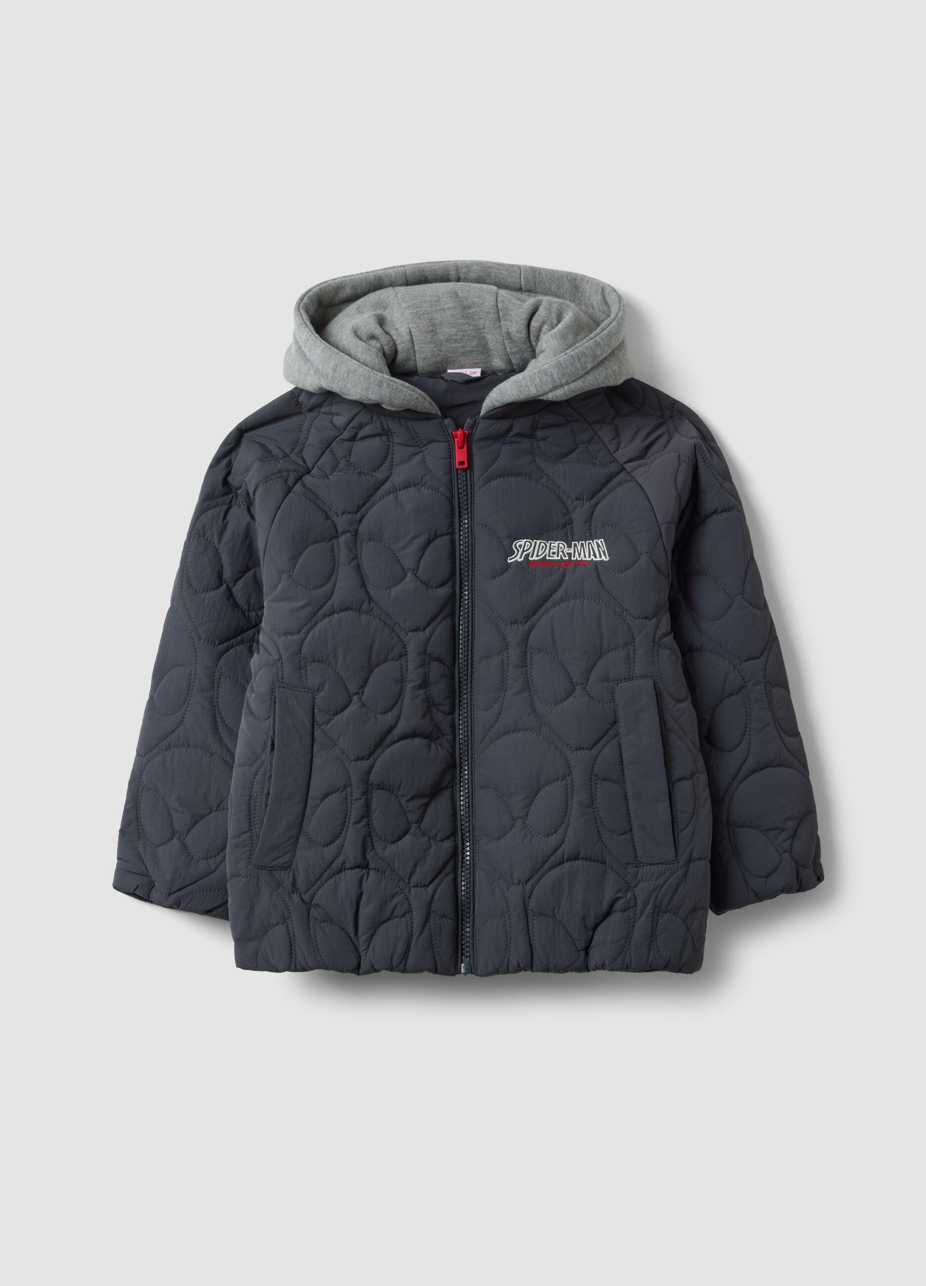 Grey quilted hooded jacket with MARVEL Spider-Man embroidery for boys