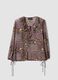 Purple patterned blouse with ruffles and tie neck_0