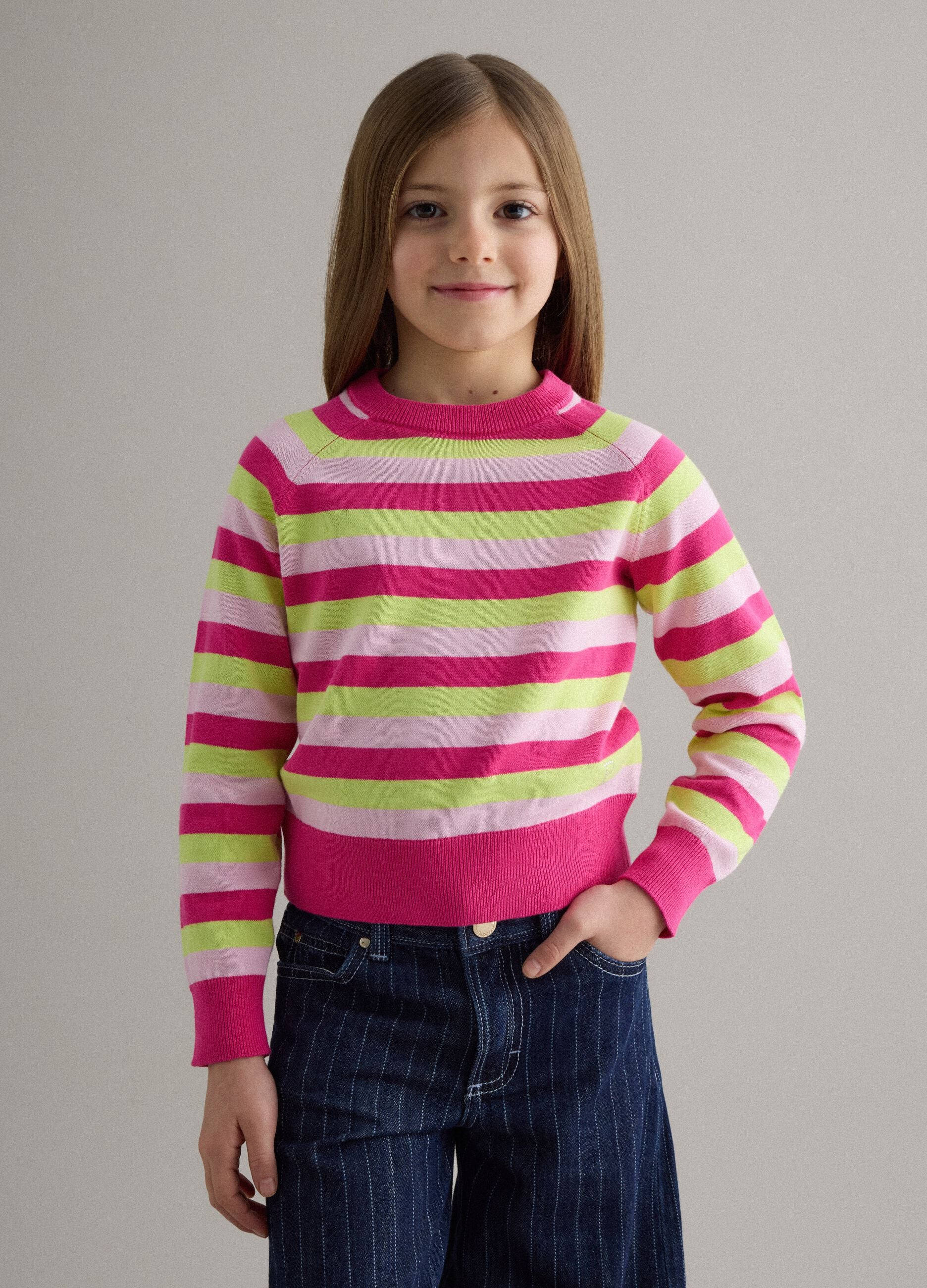 Girls' regular fit multicolour striped pure cotton pullover