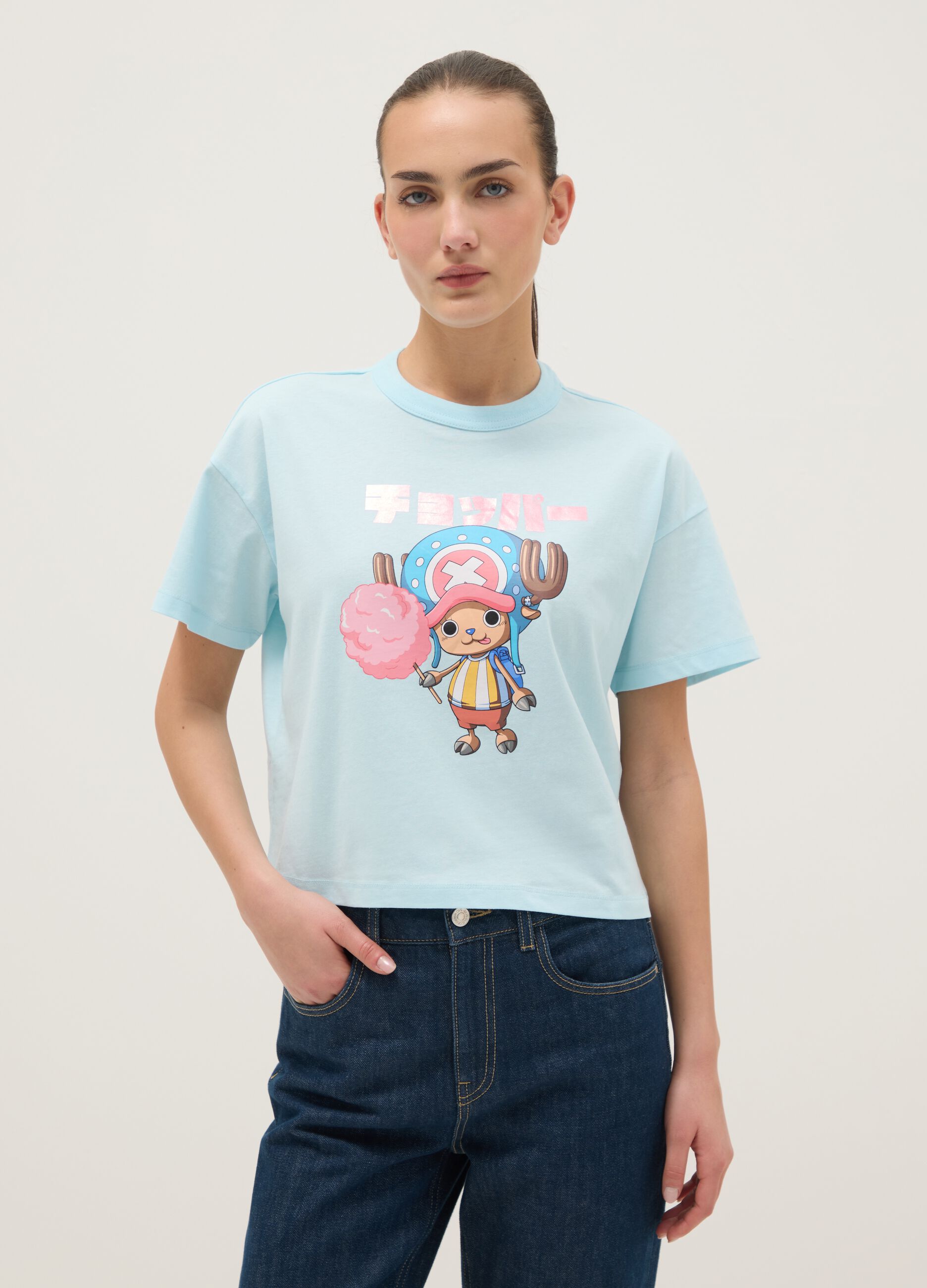 Sky Blue Pure Cotton Regular Fit T-shirt with One Piece Print