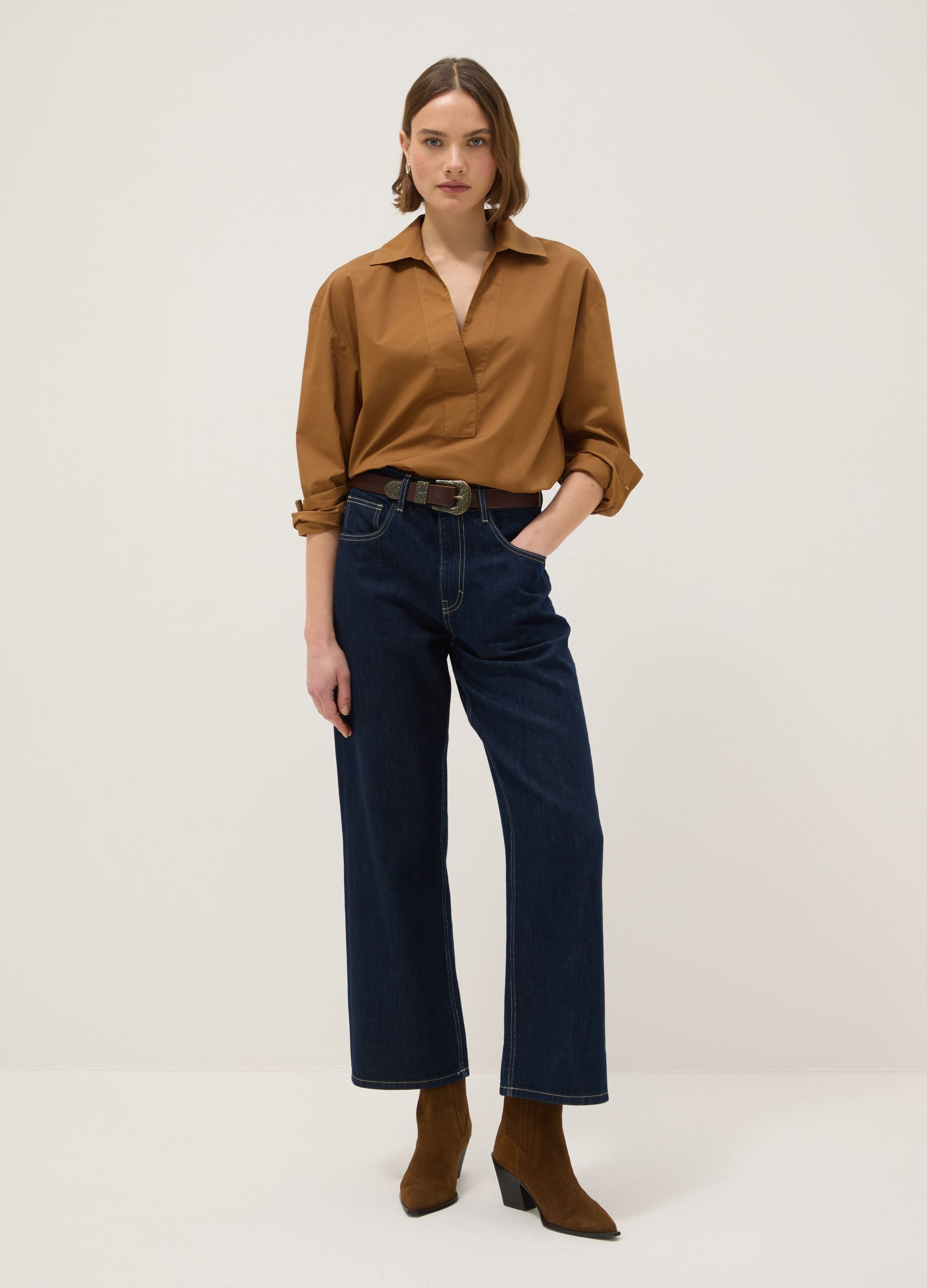 Brown regular fit pure cotton shirt without buttons