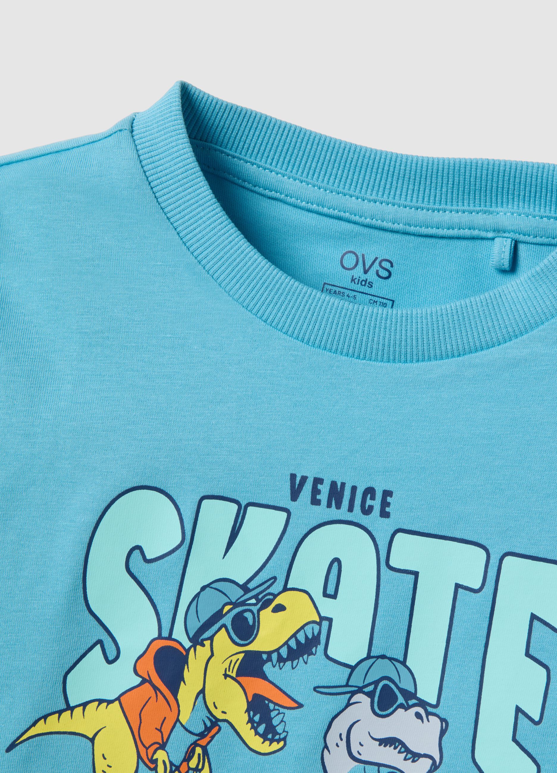 Boys' pure cotton oversized blue T-shirt with dinosaurs