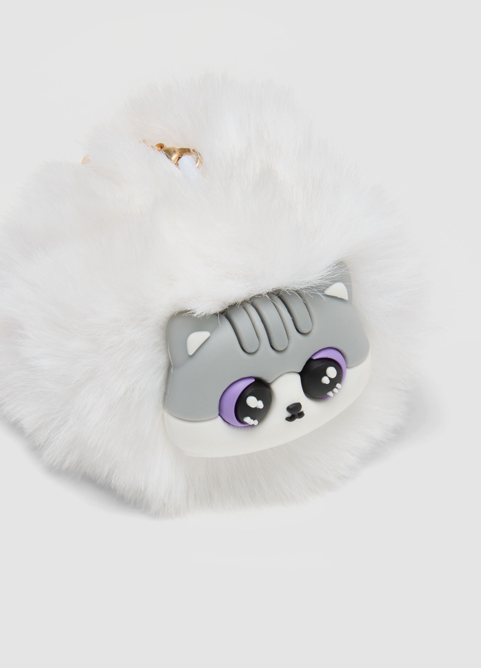 White keyring with pom-pom and kitten charm for girls