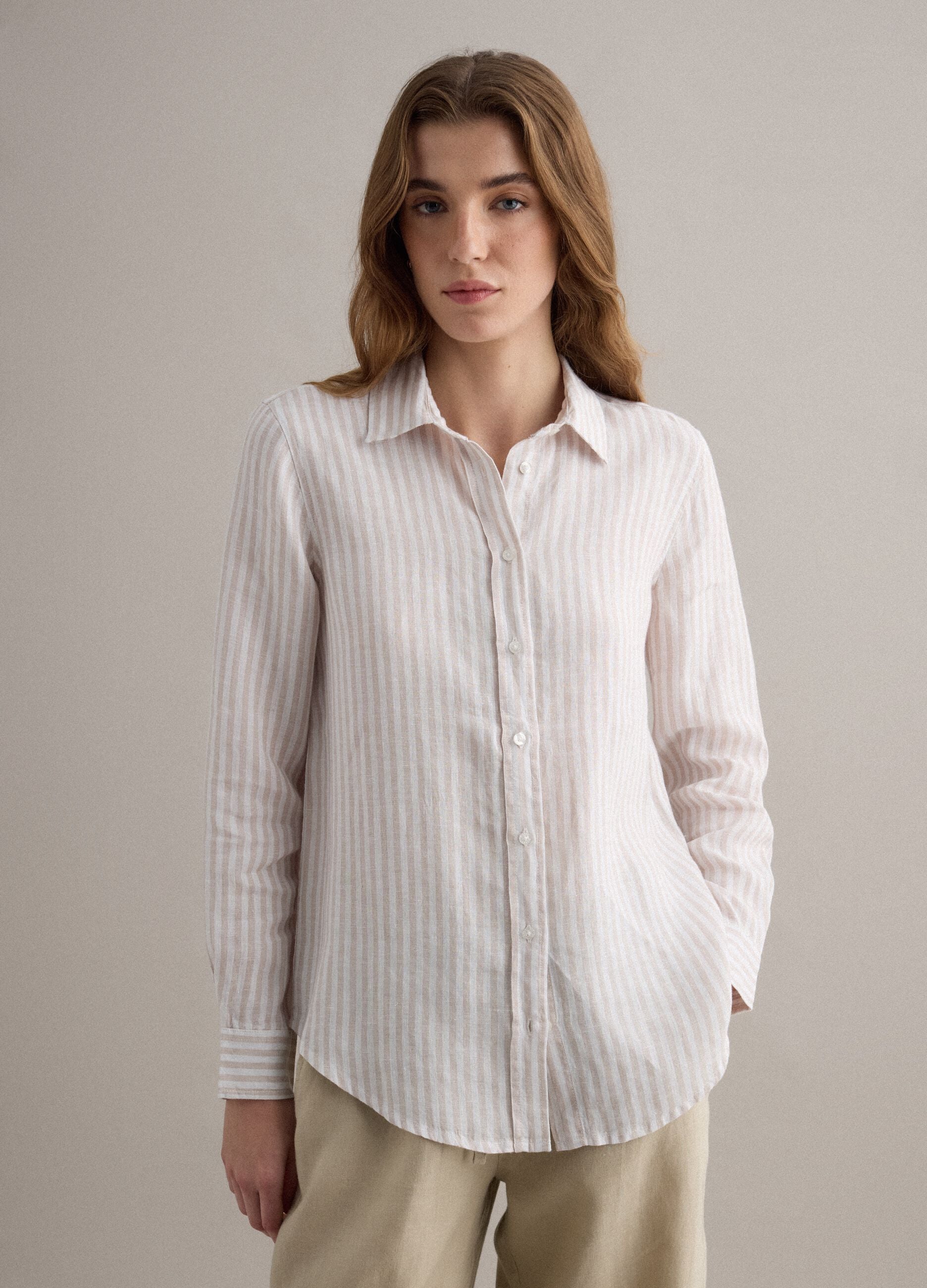 Pure linen striped shirt in white and beige regular fit