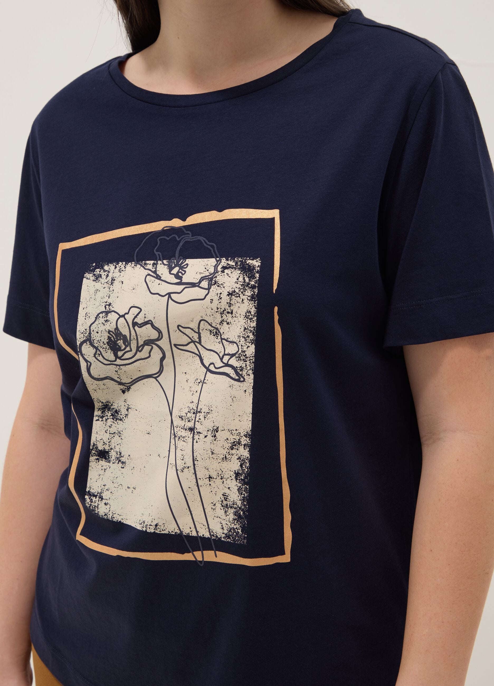 Blue short-sleeve pure cotton printed T-shirt, regular fit