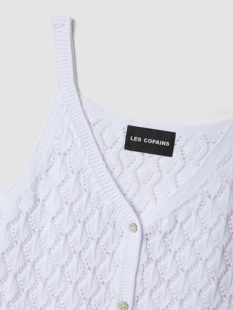 Top bianco in puro cotone con lavorazione a maglia e collo a V_5