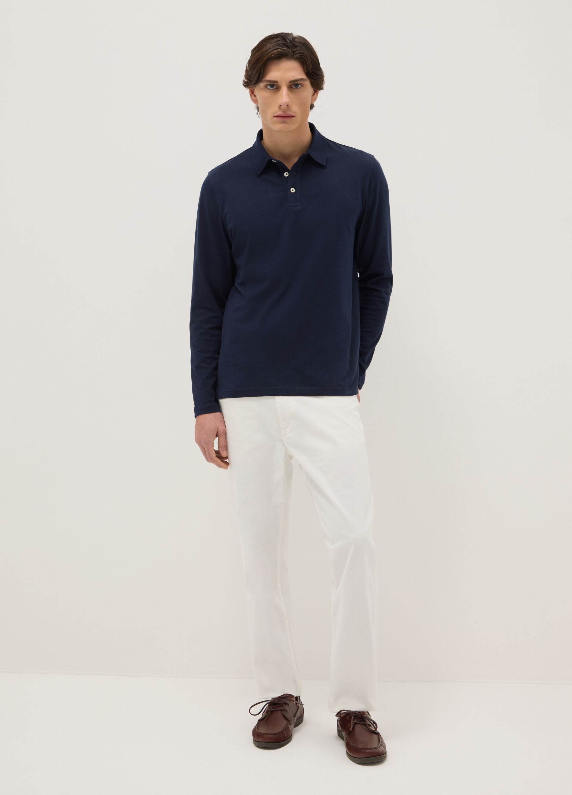 Long sleeve blue pure cotton polo &ndash; regular fit