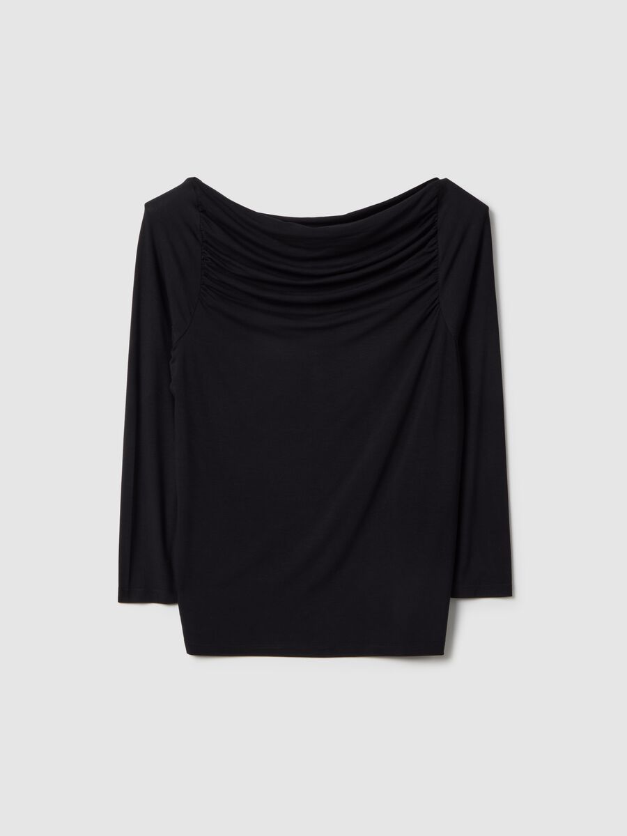 Black stretch viscose long sleeve top with boat neckline and regular fit_4