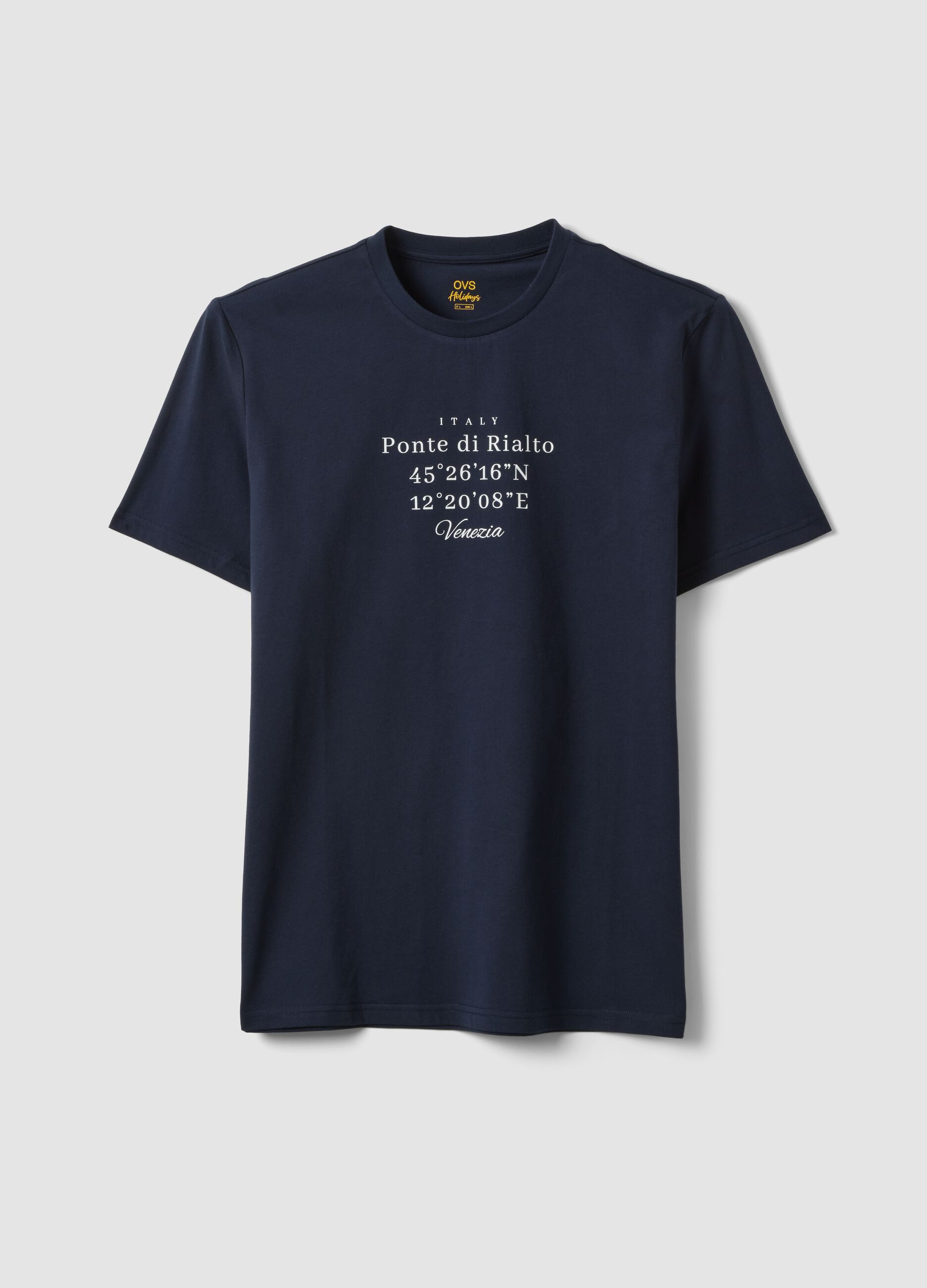 Blue pure cotton T-shirt with front print, regular fit