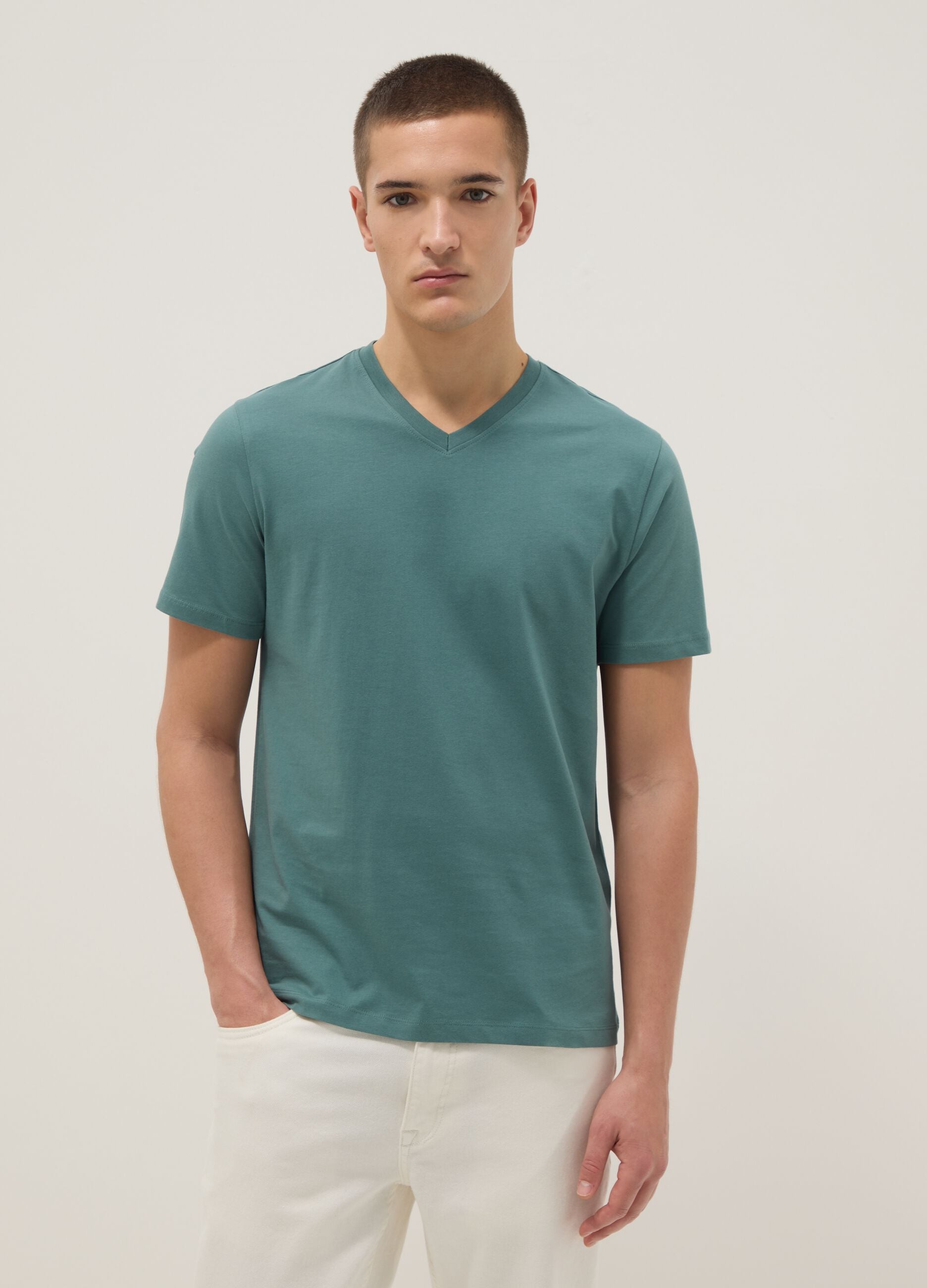 Green pure cotton V-neck regular fit T-shirt