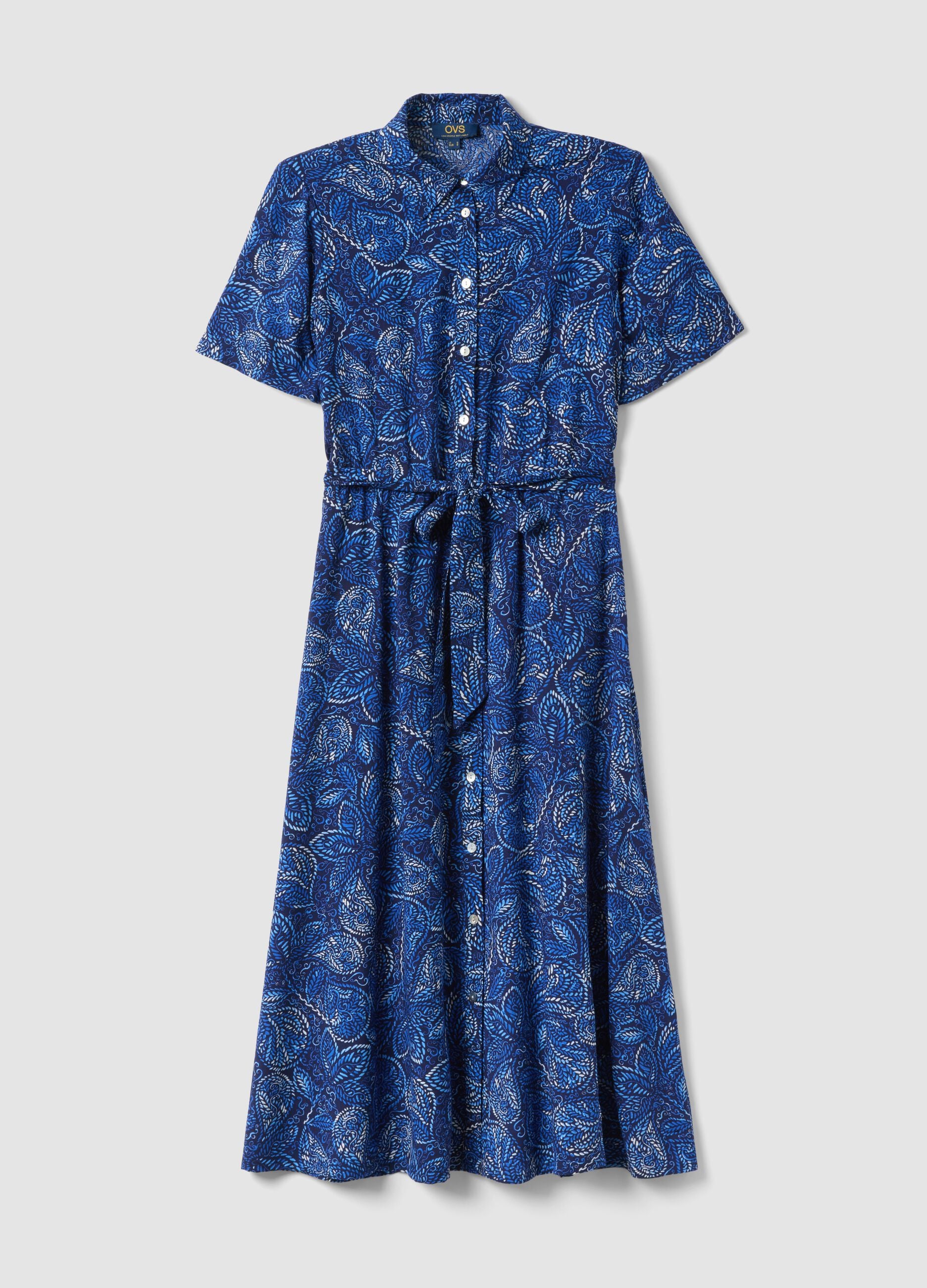 Multi-colour pure viscose dress, regular fit with belt