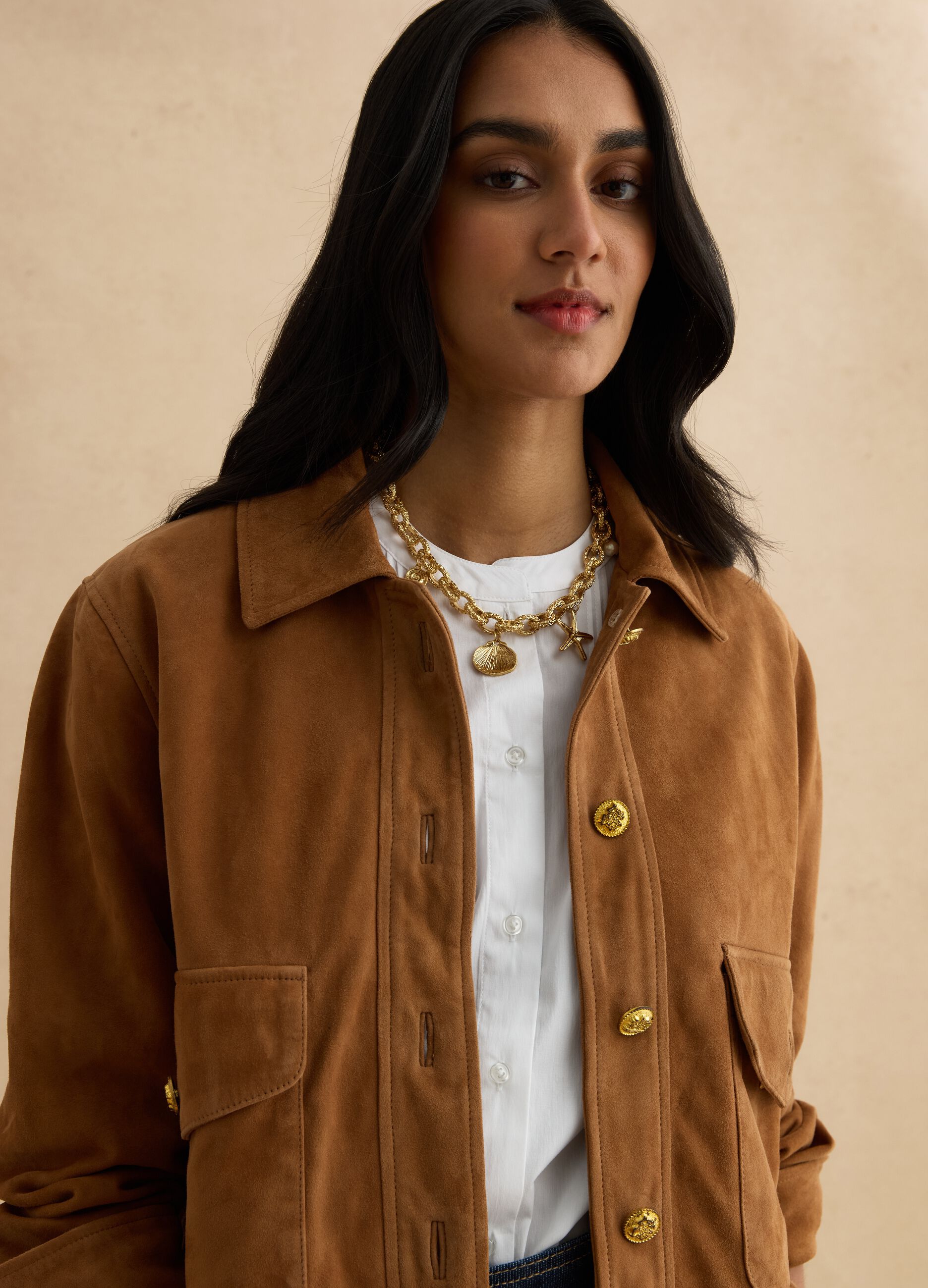 Regular fit brown genuine leather jacket with buttons