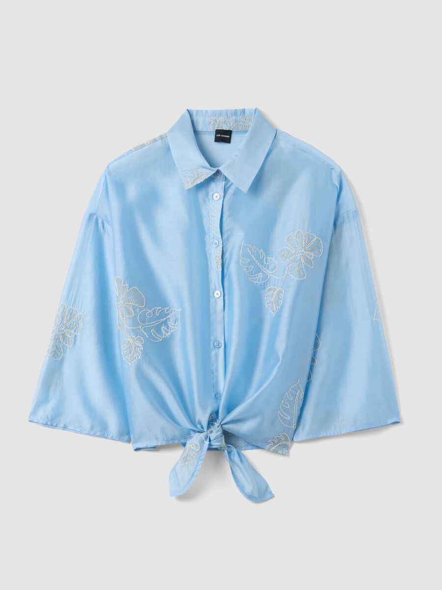 Regular fit blue lyocell blend shirt with floral embroidery_4