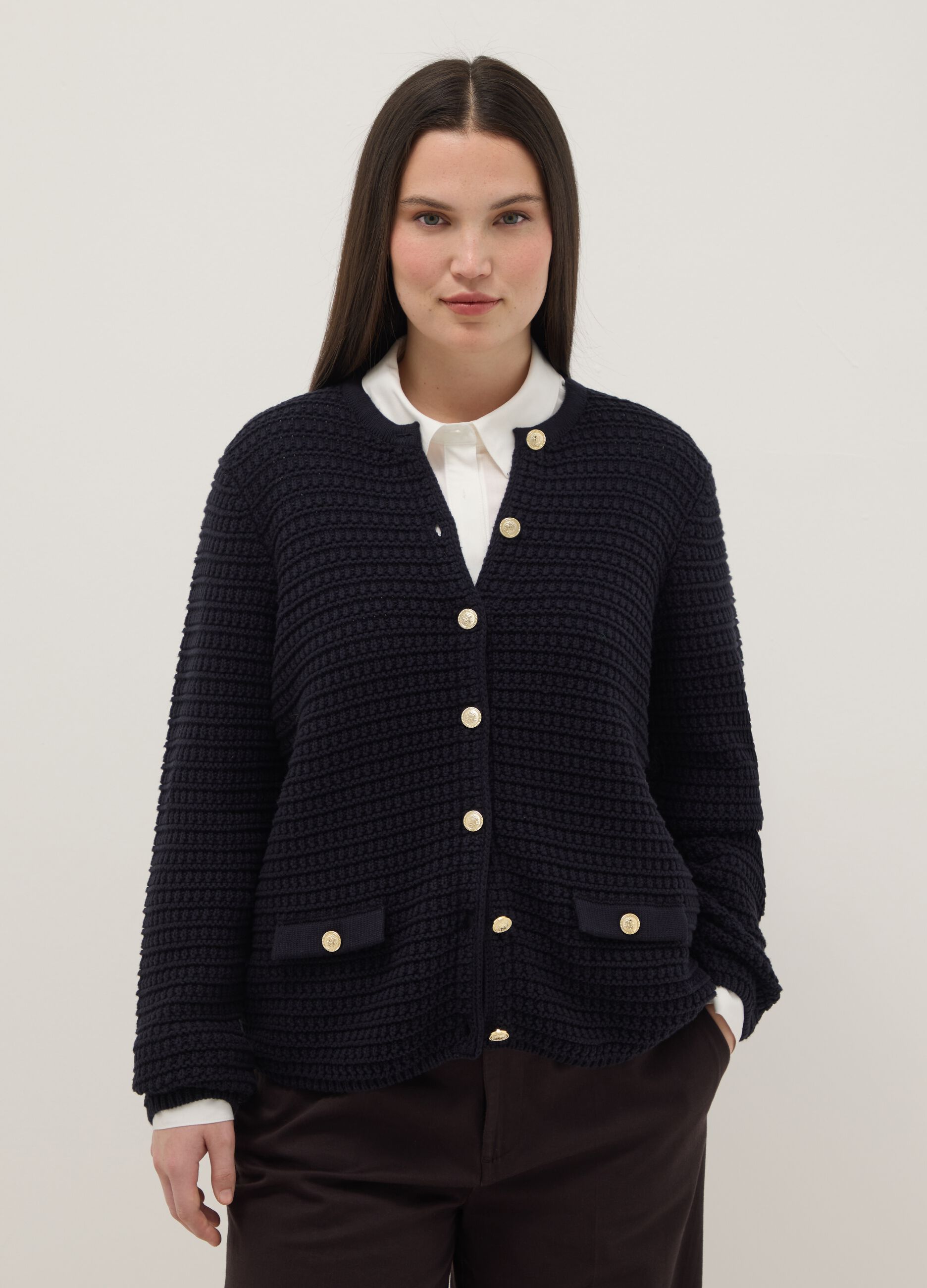 Black pure cotton regular fit cardigan with gold buttons