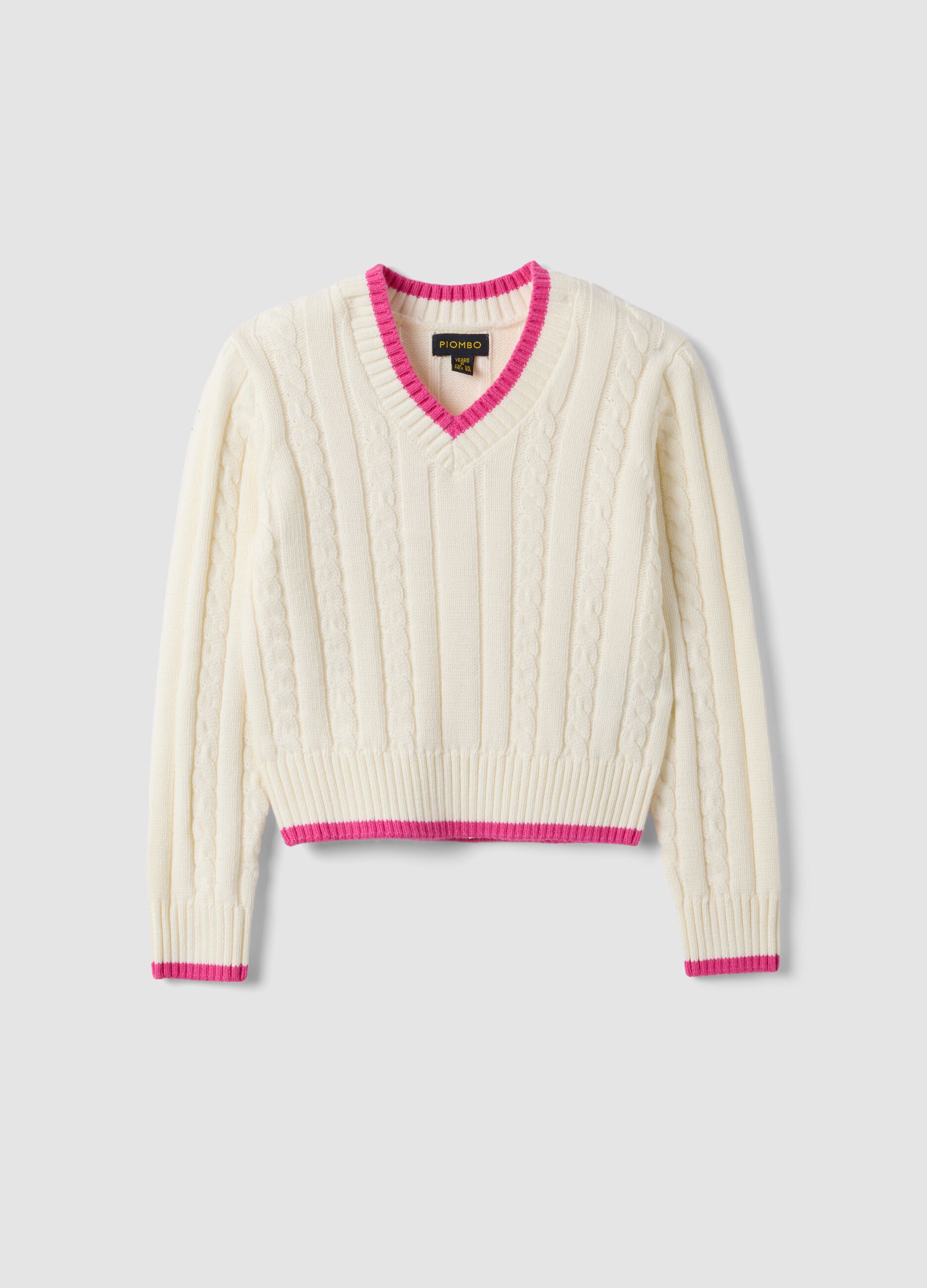 White pure cotton cable-knit V-neck jumper for girls