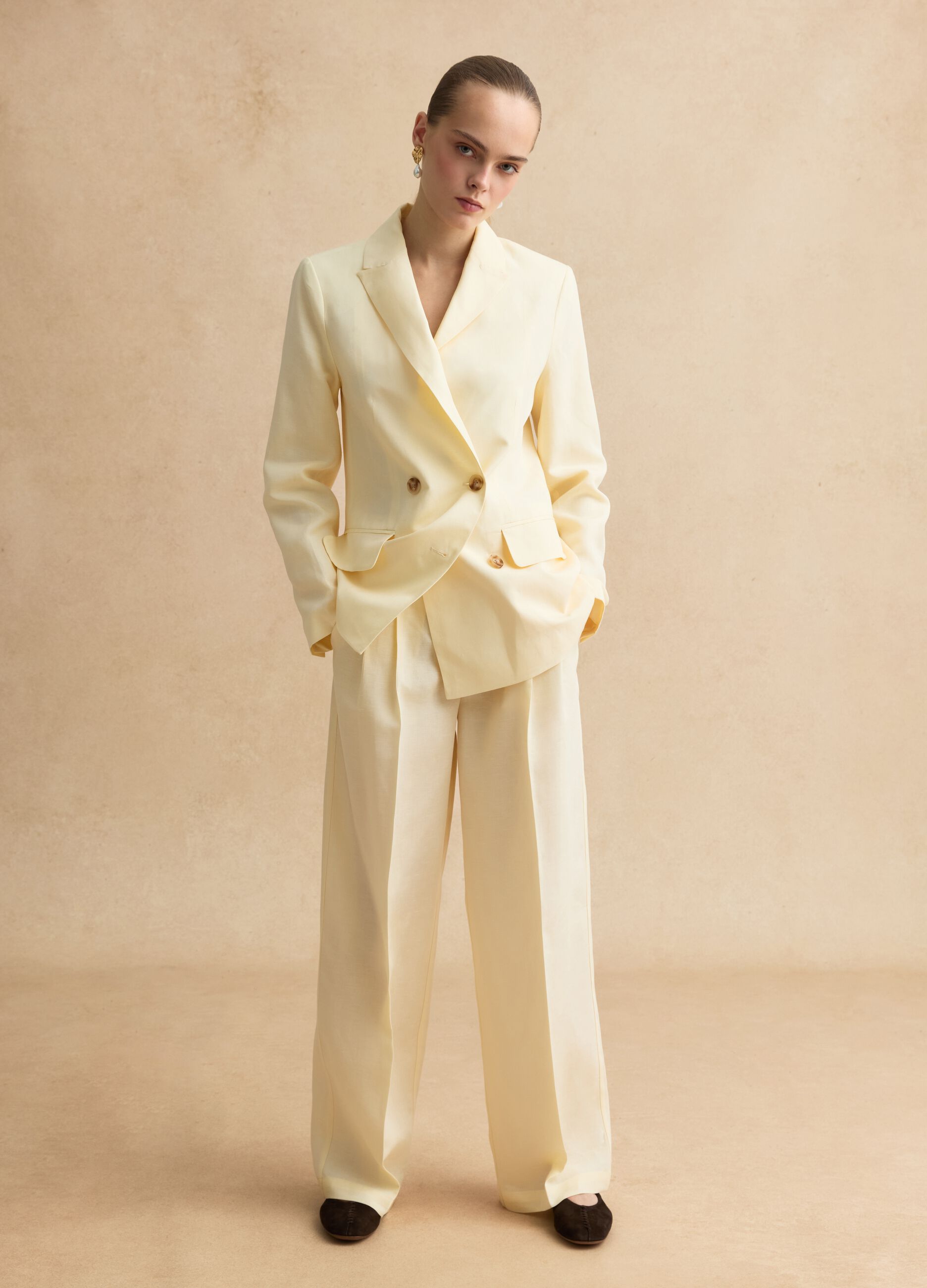 Beige double-breasted Lyocell and linen blazer, regular fit