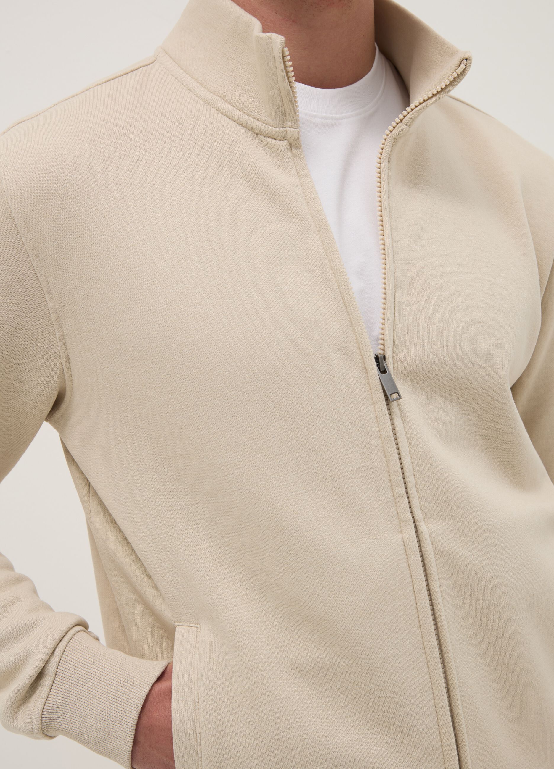 Beige cotton-blend sweatshirt in regular fit with full zip