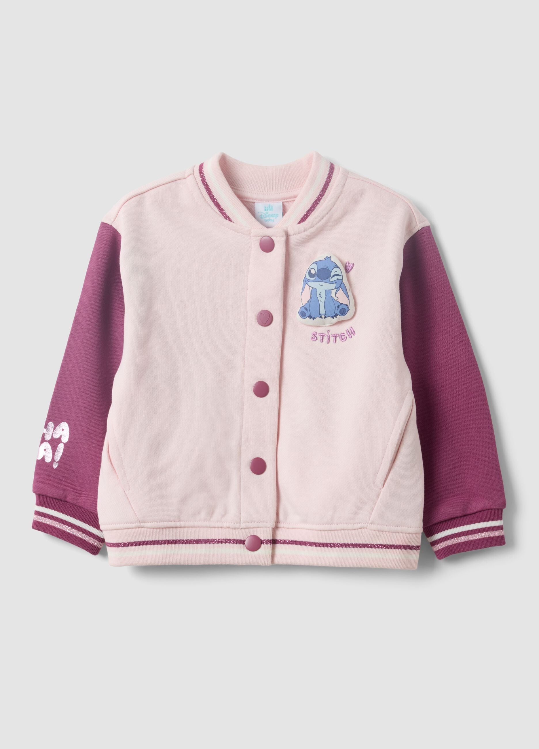 Felpa rosa in puro cotone con bottoni a pressione a tema Lilo & Stitch per bimba