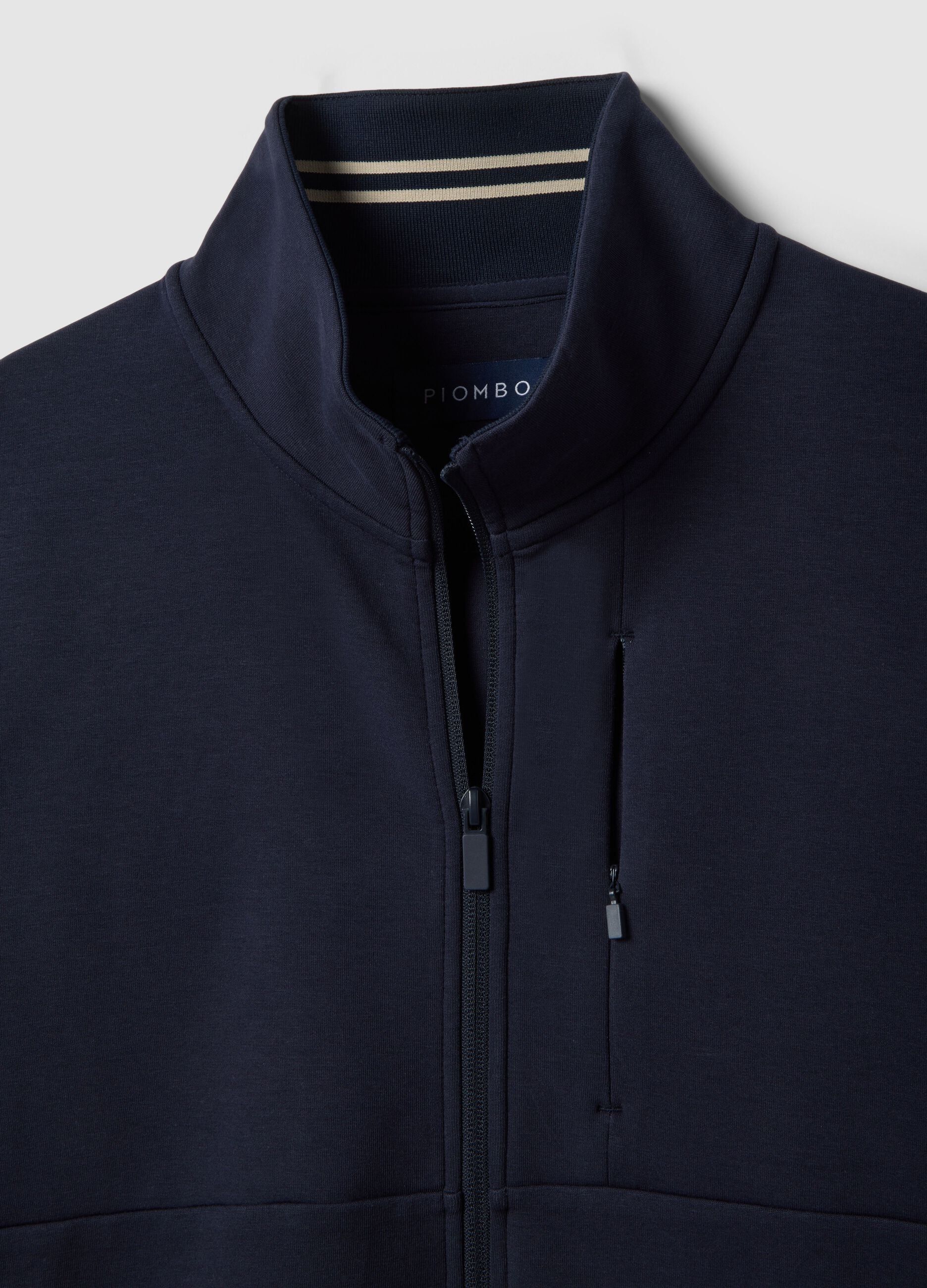 Blue cotton blend regular fit sweatshirt with full zip and high collar