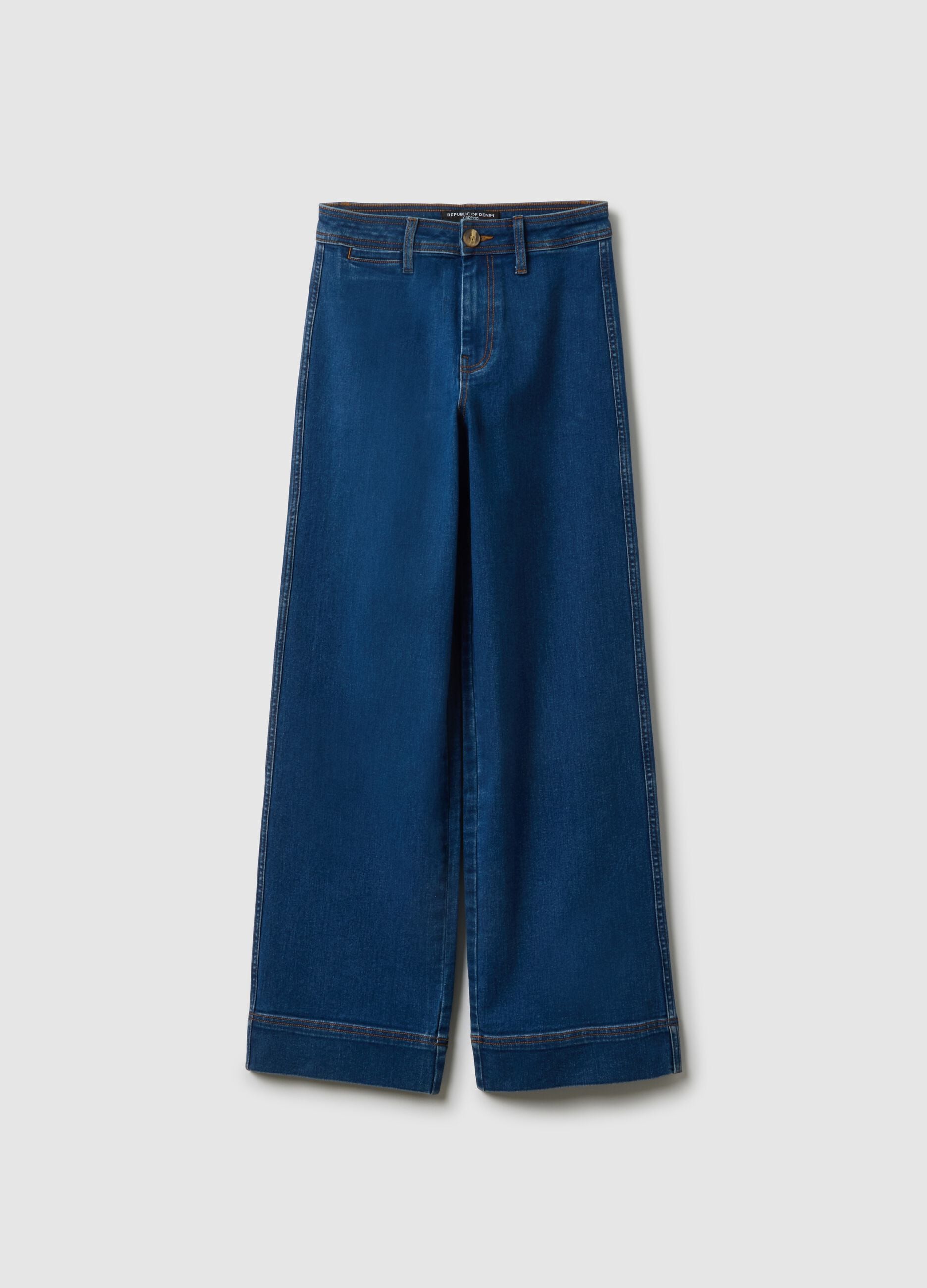 Wide leg stretch cotton blue jeans