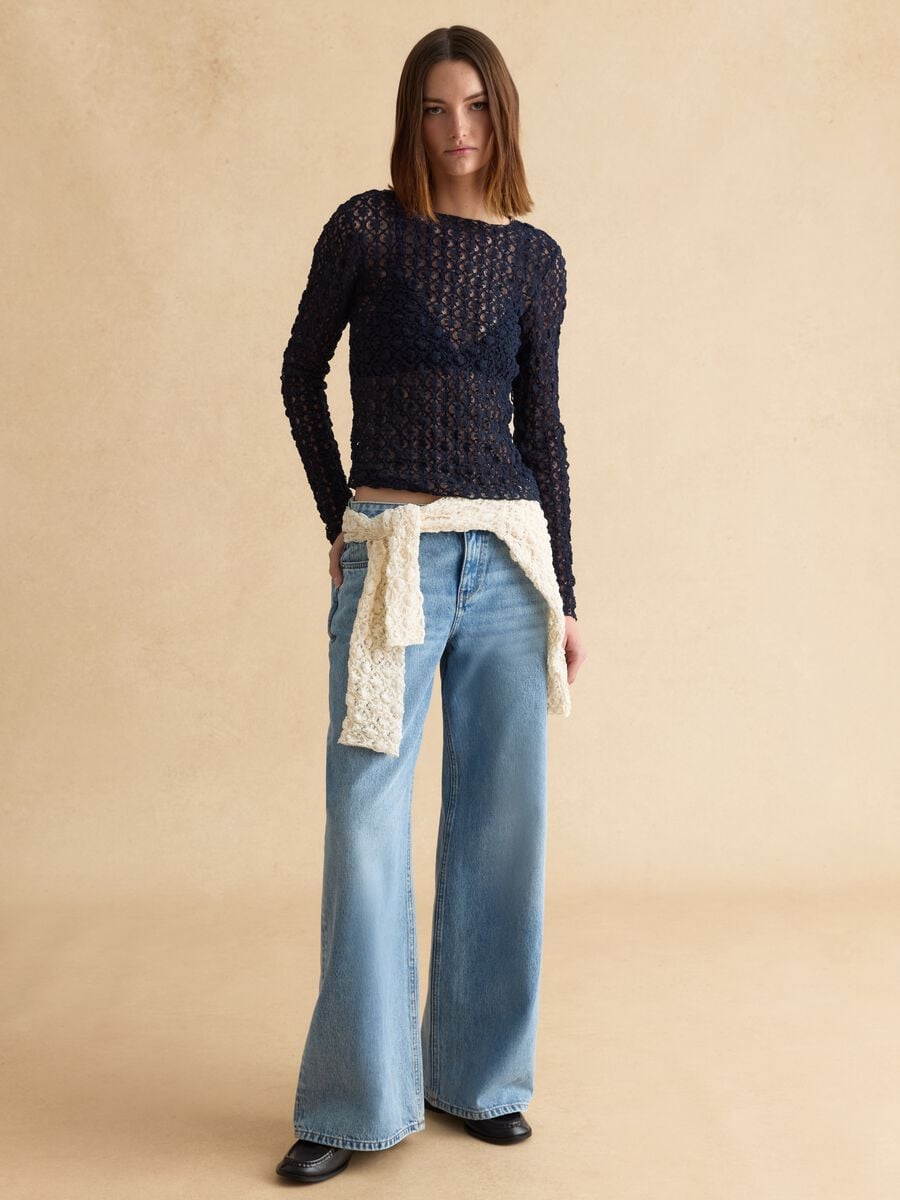 Blue stretch cotton blend regular fit top with lace_1